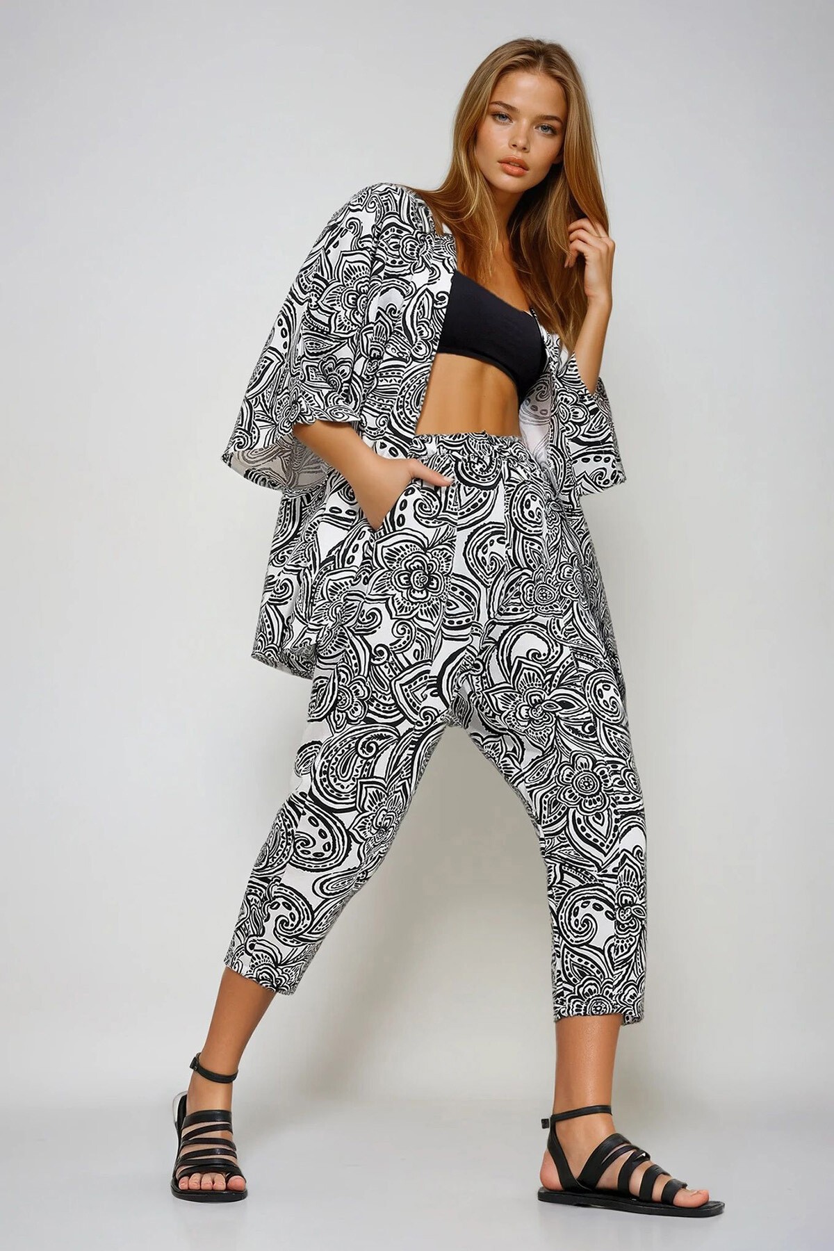 Siyah Desenli Kimono Ceket Ve Pantolonlu Keten Dokuma Alt Üst Takım