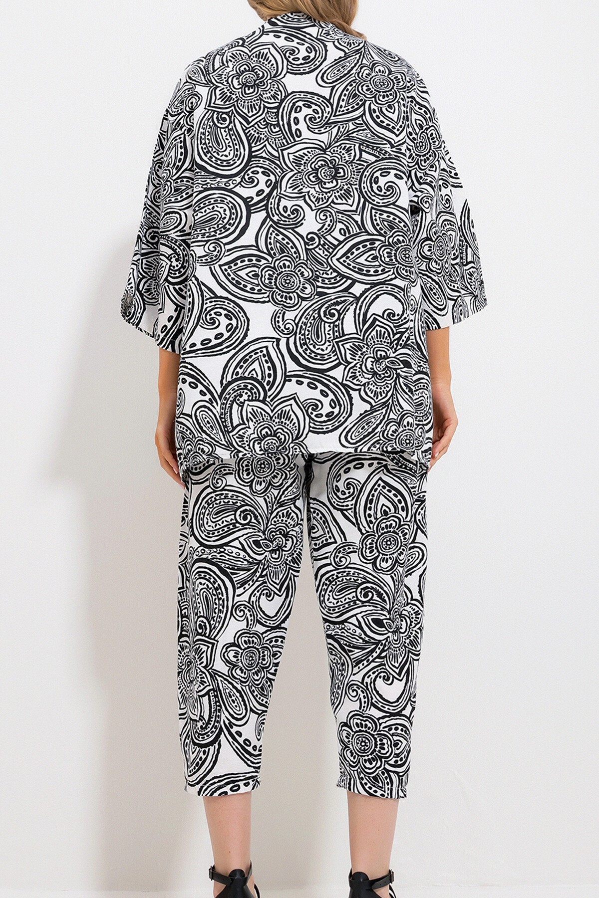 Siyah Desenli Kimono Ceket Ve Pantolonlu Keten Dokuma Alt Üst Takım