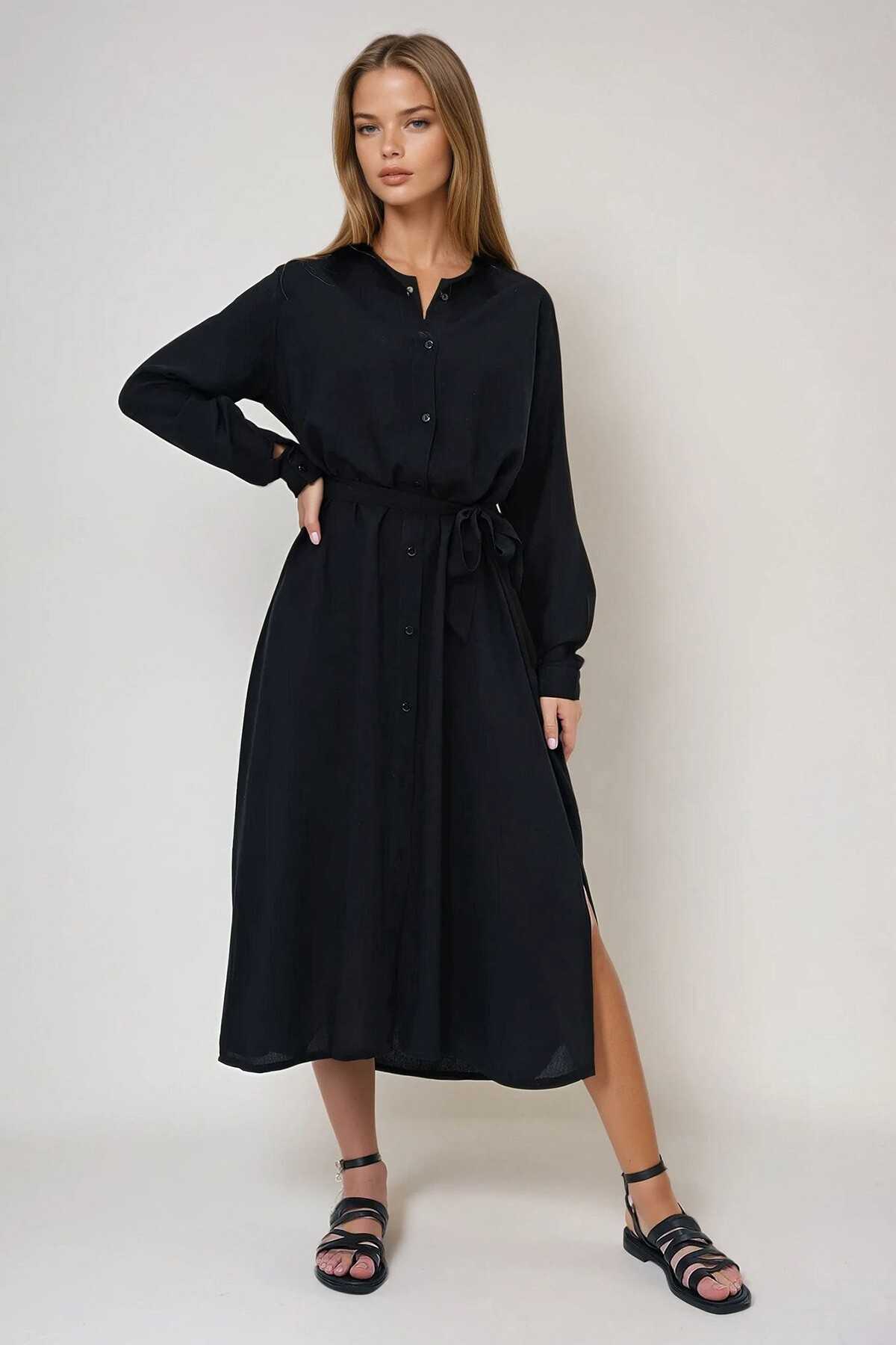 Siyah Dokuma Viskon Gömlek Elbise