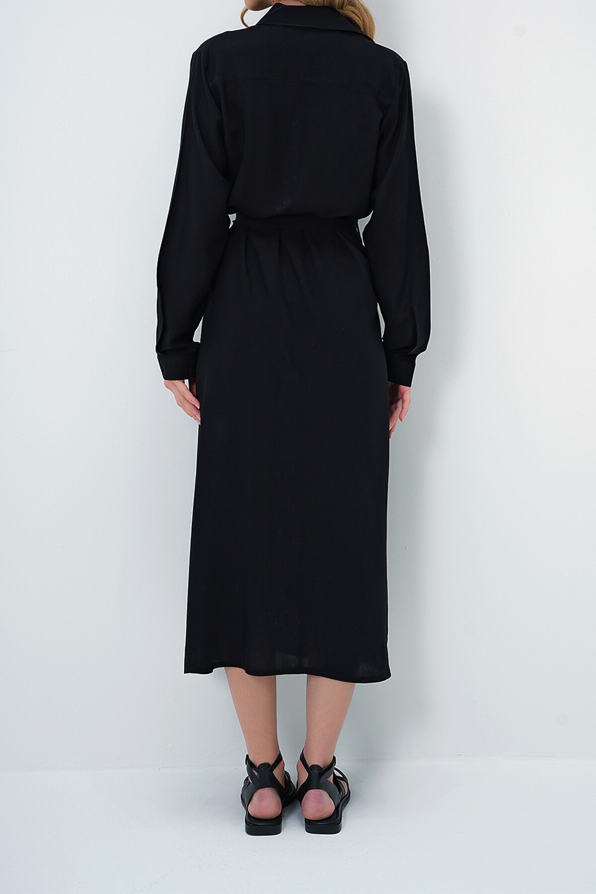 Siyah Dokuma Viskon Gömlek Elbise