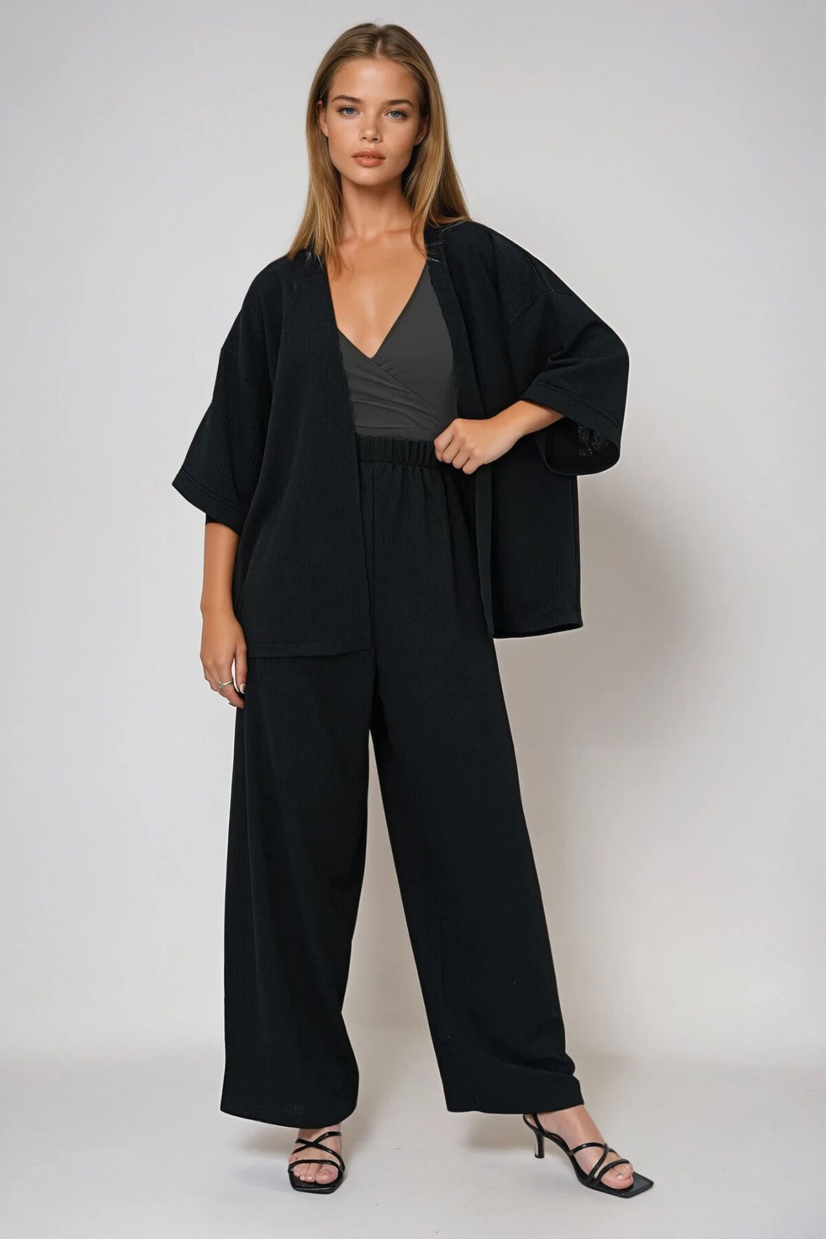 Siyah Duble Kol Bürümcük Kumaş Yazlık Kimono Ve Pantolon Takım