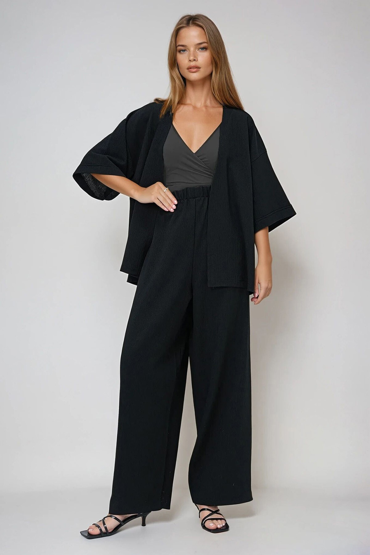 Siyah Duble Kol Bürümcük Kumaş Yazlık Kimono Ve Pantolon Takım