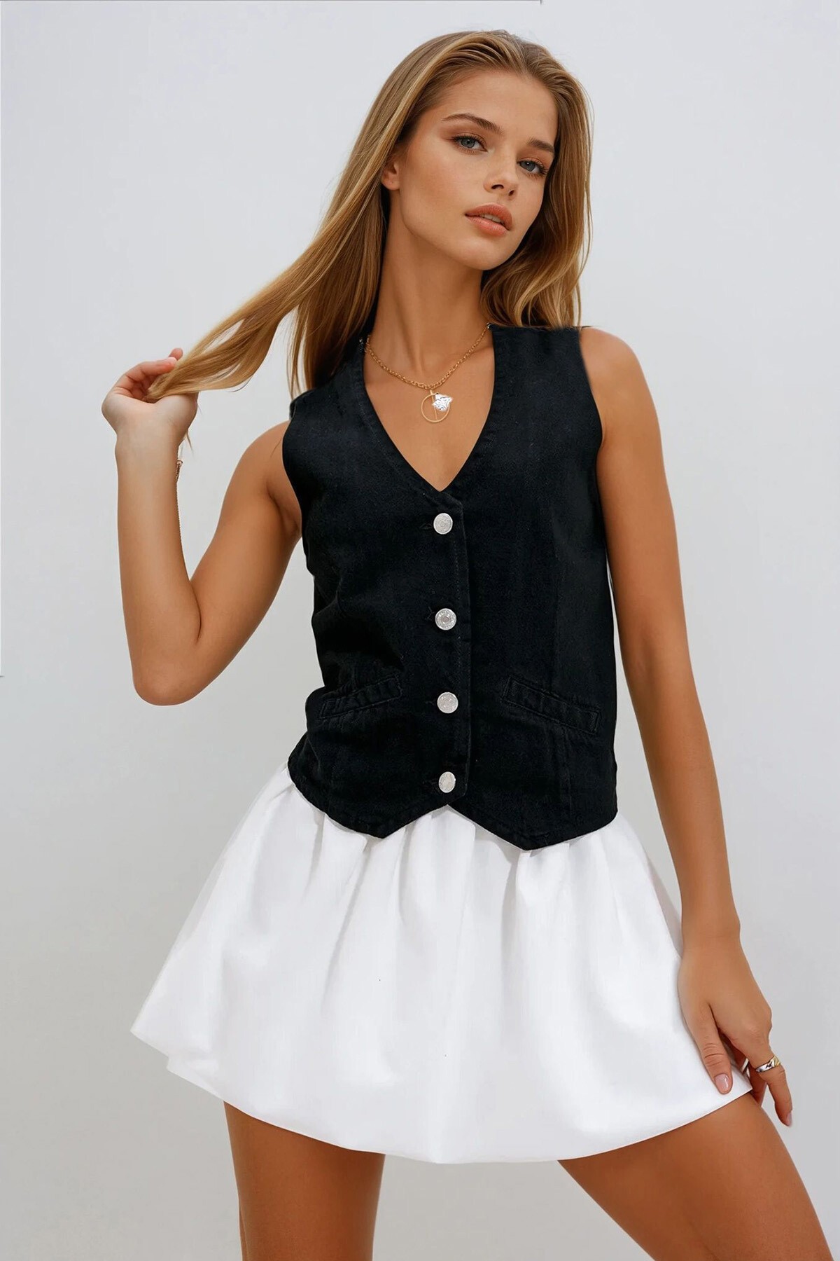 Siyah Düğmeli Jean Yelek