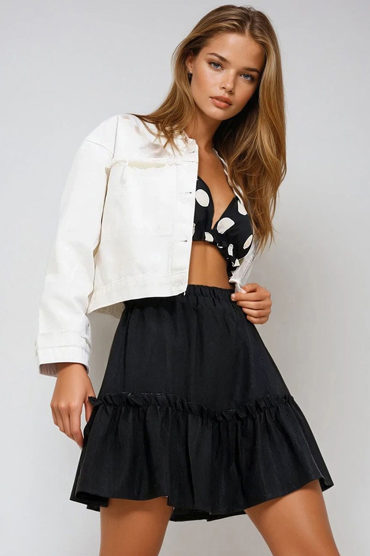 Siyah Eteği Volanlı Dokuma Keten Etek