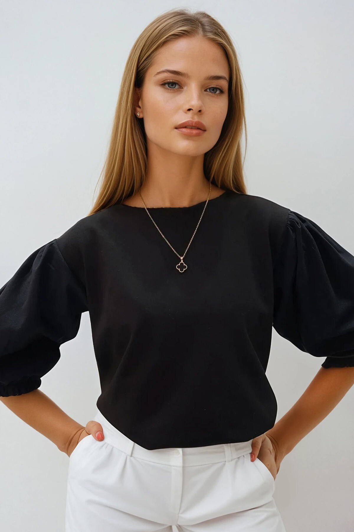 Siyah Geniş  Yaka Poplin Karpuz Kollu İki İplik Bluz