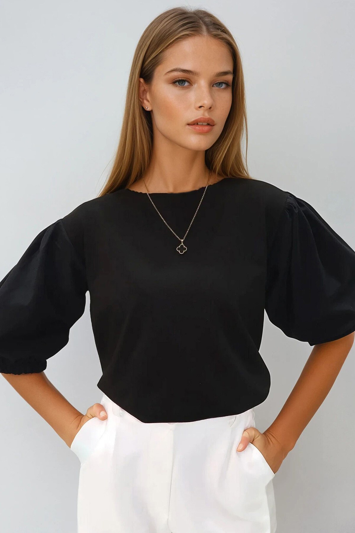 Siyah Geniş  Yaka Poplin Karpuz Kollu İki İplik Bluz