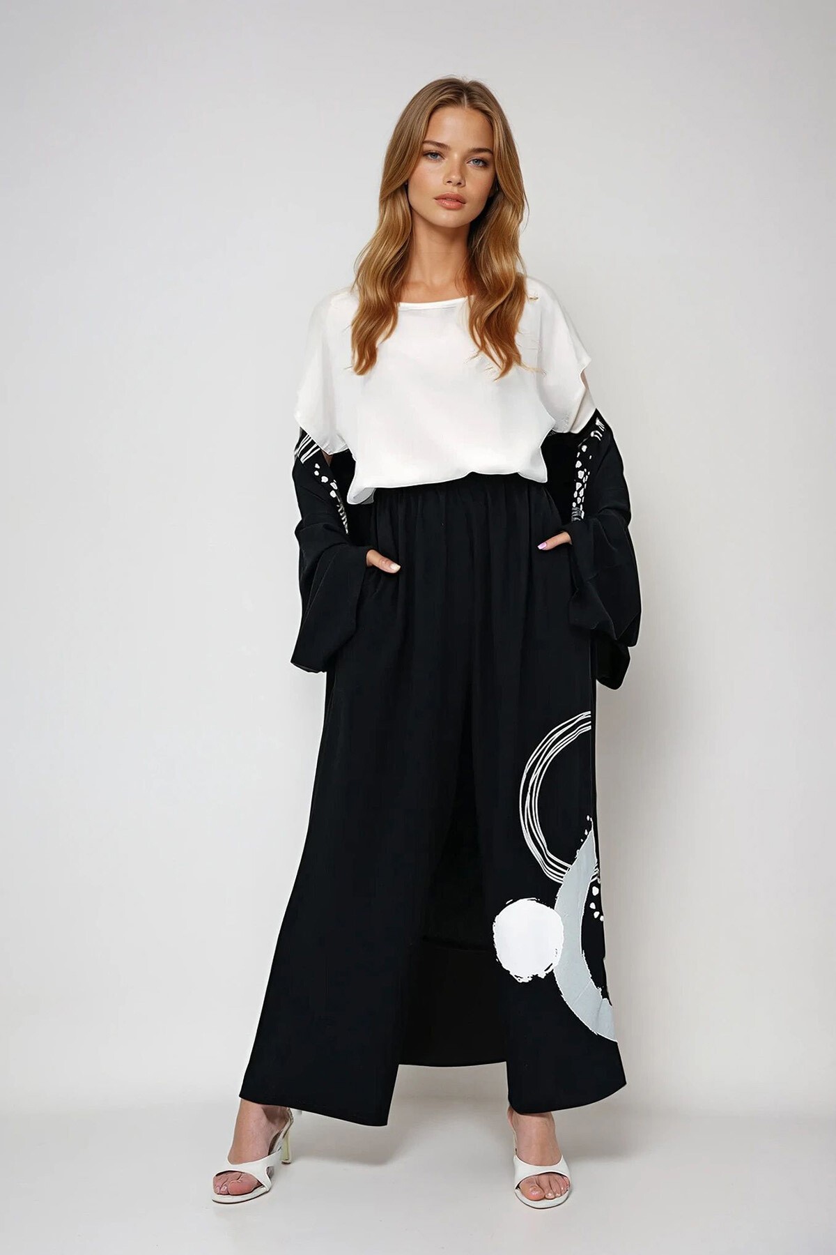 Siyah Geometrik Desenli Yazlık Oversize Kimono Basic Bluz Ve Palazzo Pantolon Takım