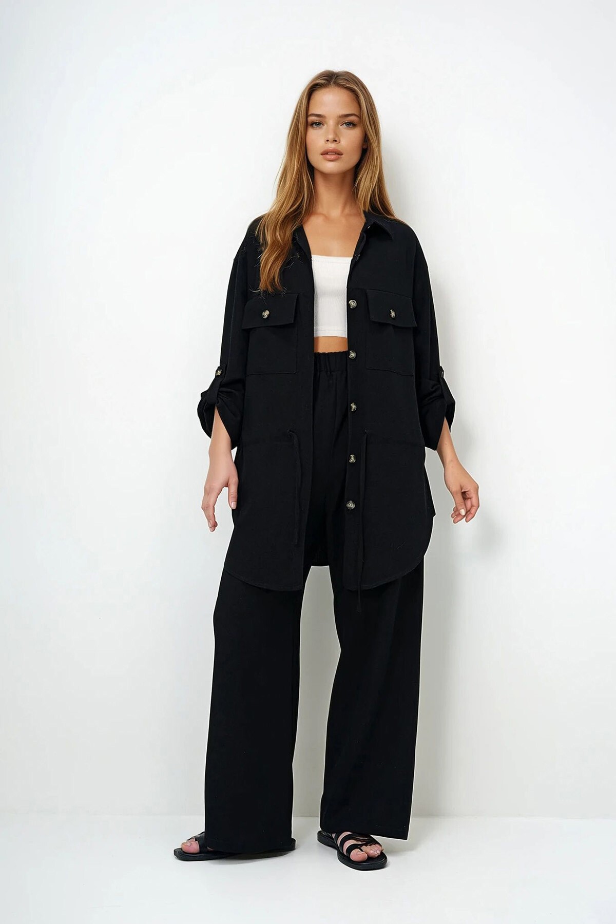 Siyah Gömlek Yaka Çift Cepli Bağlamalı Keten Safari Ceket Ve Pantolon Takım