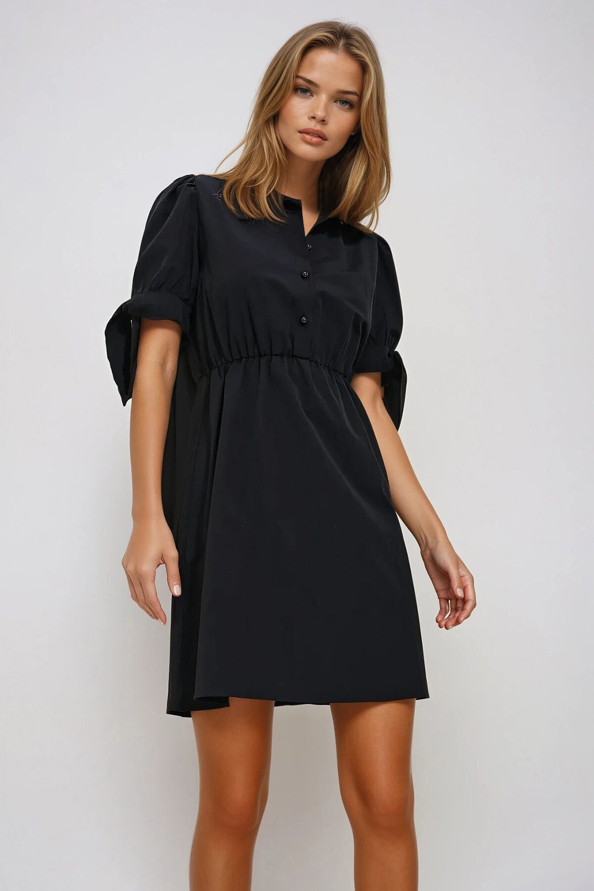 Siyah Gömlek Yaka Karpuz Kollu Poplin Elbise