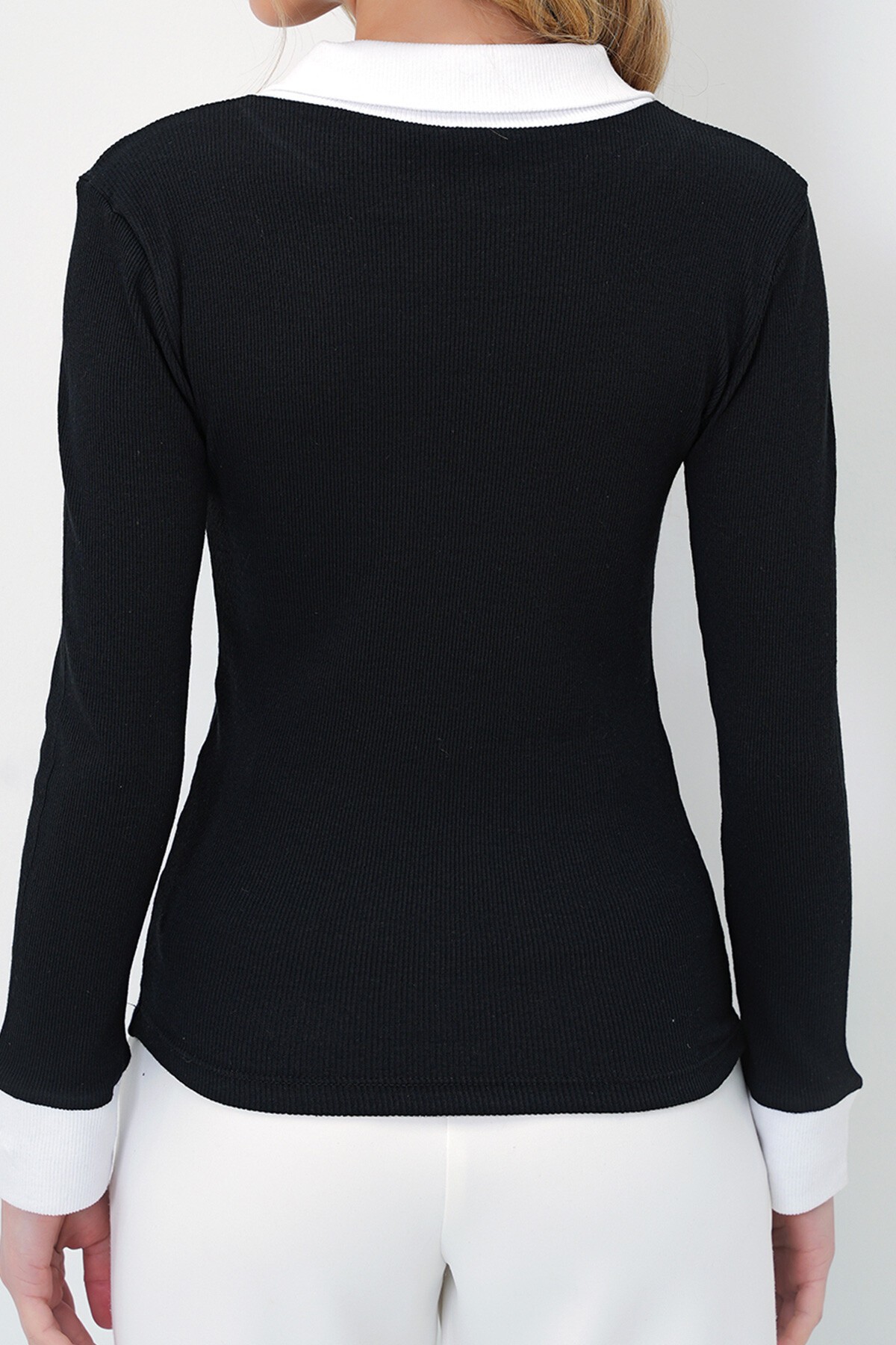 Siyah Gömlek Yaka Renk Bloklu Kaşkorse Bluz