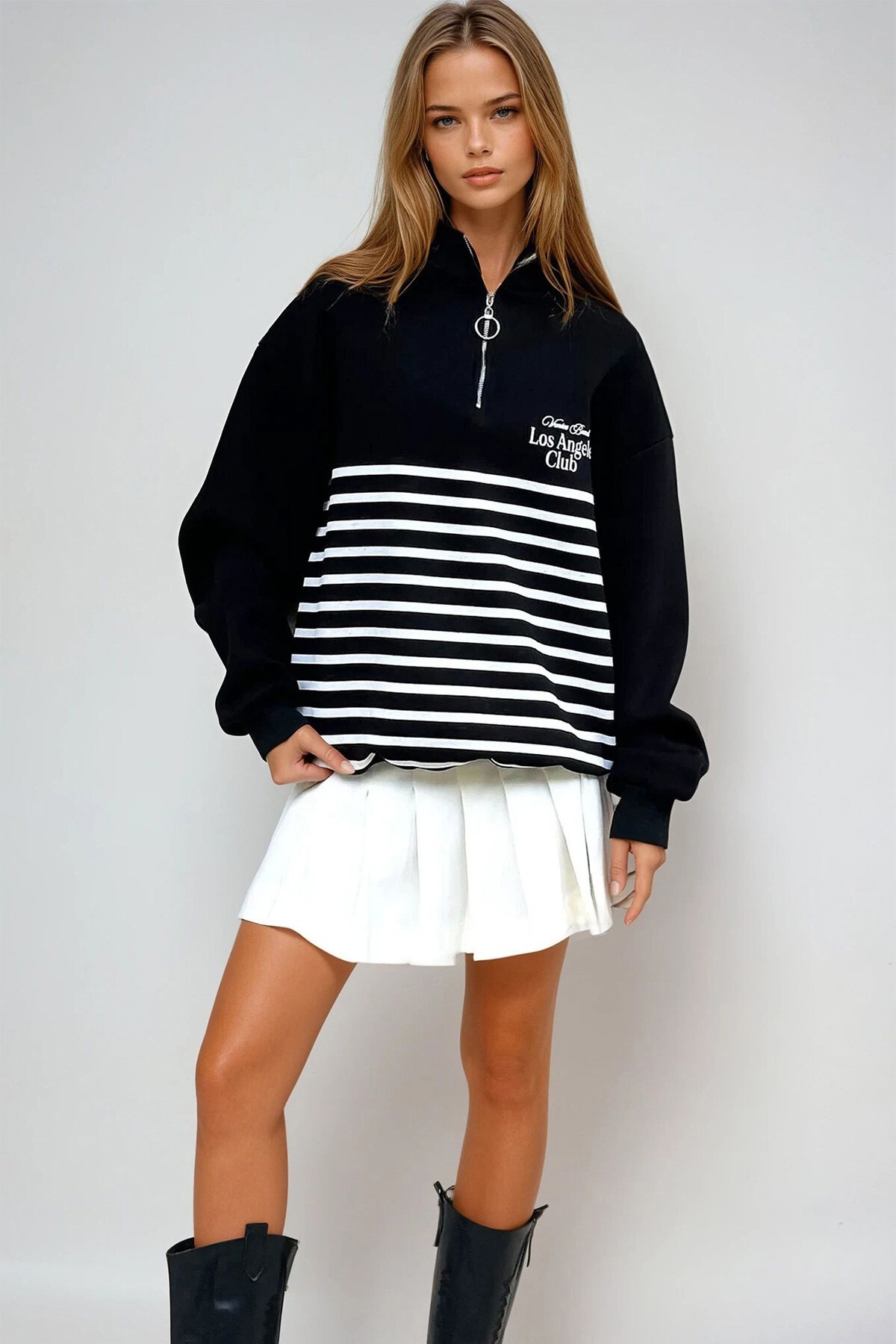 Siyah İçi Şardonlu Baskılı Fermuarlı Sweatshirt