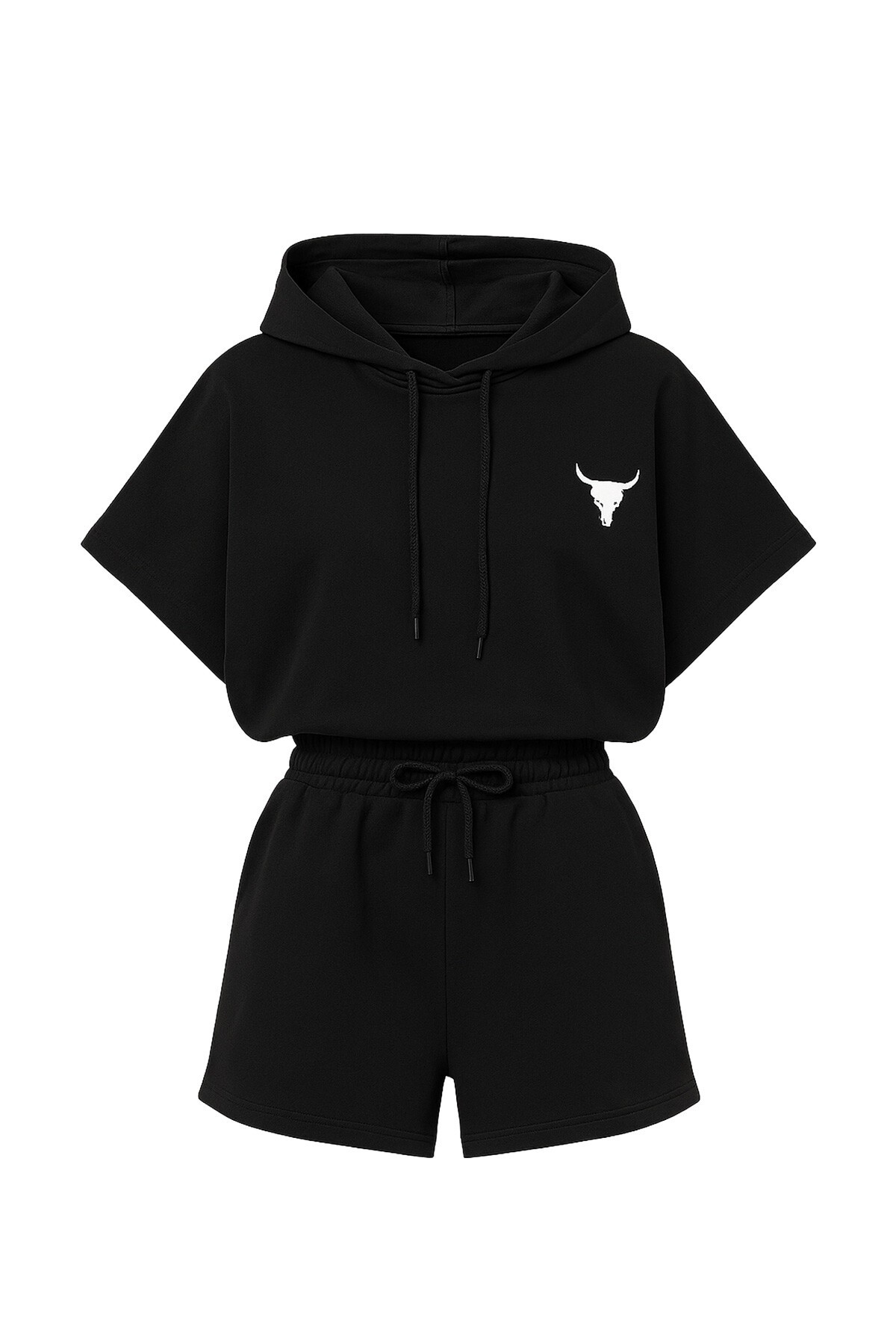 Siyah Kapüşonlu Crop Sweatshirt Ve Şortlu Takım