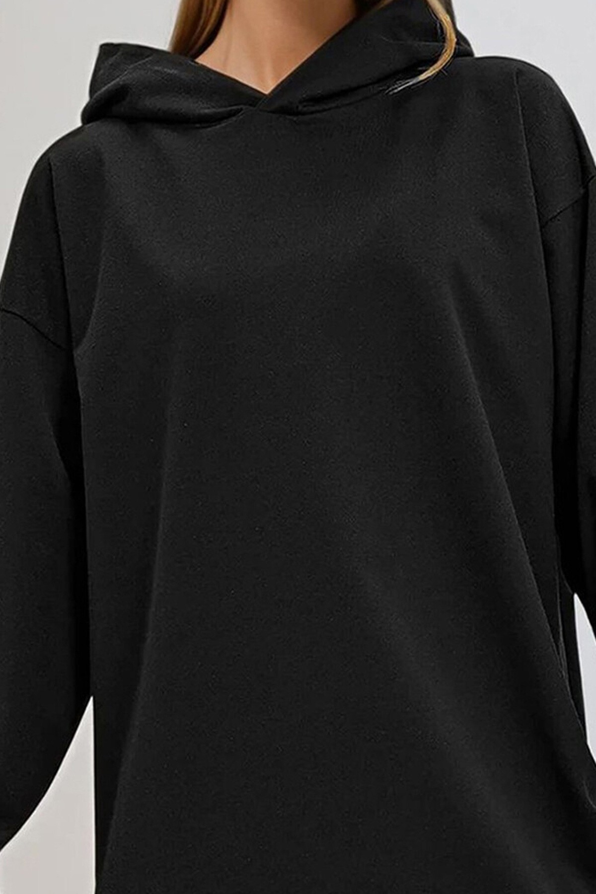 Siyah Kapüşonlu Sweatshirt Elbise