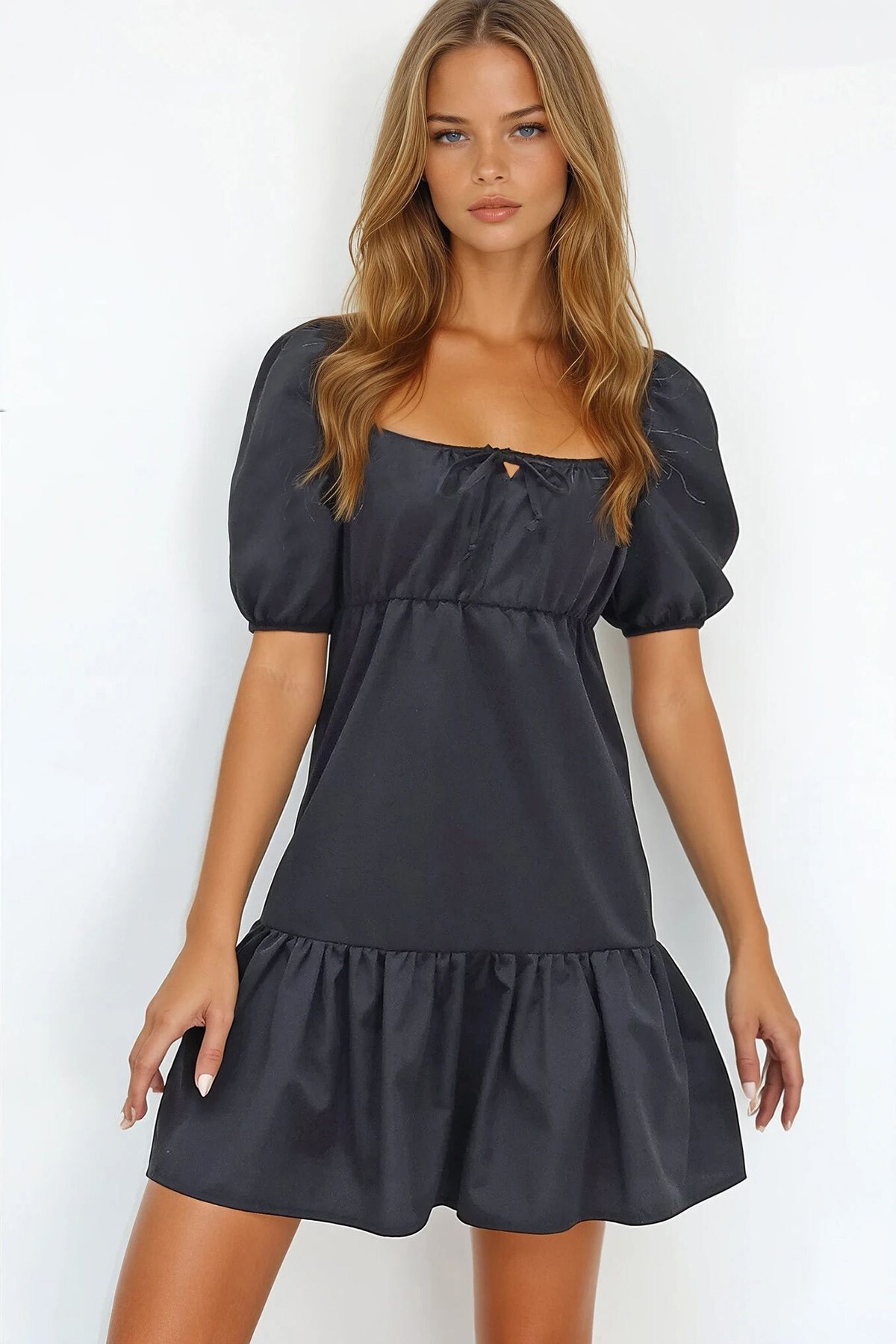 Siyah Kare Yaka Balon Kol Poplin  Mini Elbise