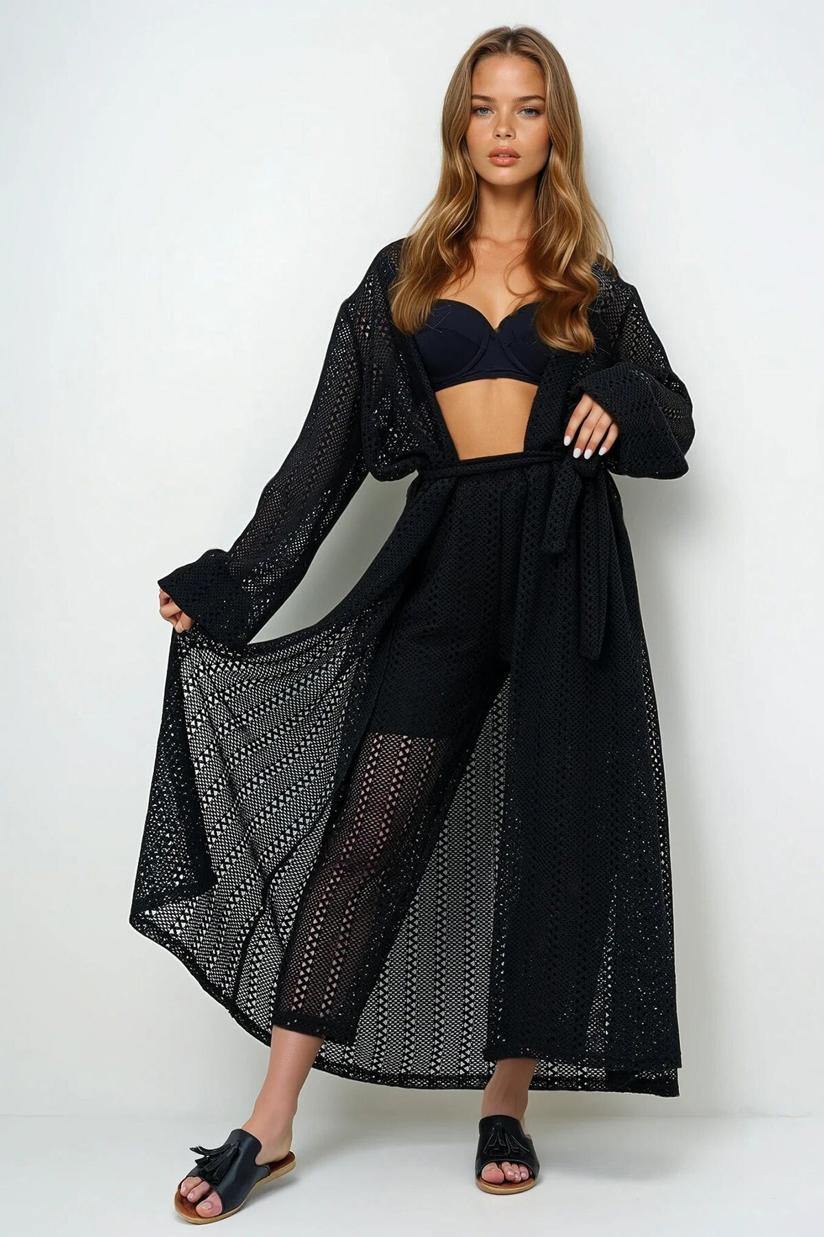 Siyah Kendinden Dokulu Ajurlu Uzun Pantolonlu Kimono Takım