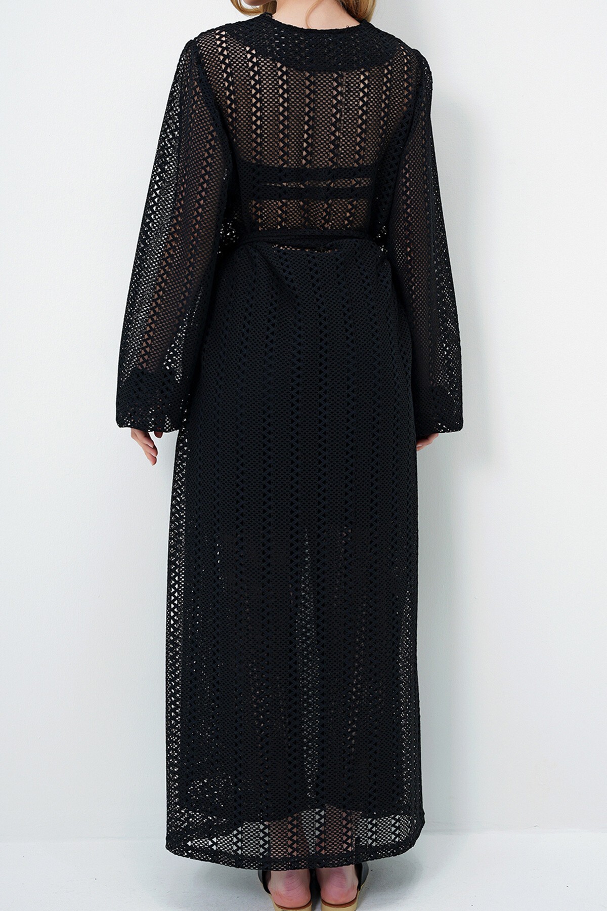 Siyah Kendinden Dokulu Ajurlu Uzun Pantolonlu Kimono Takım