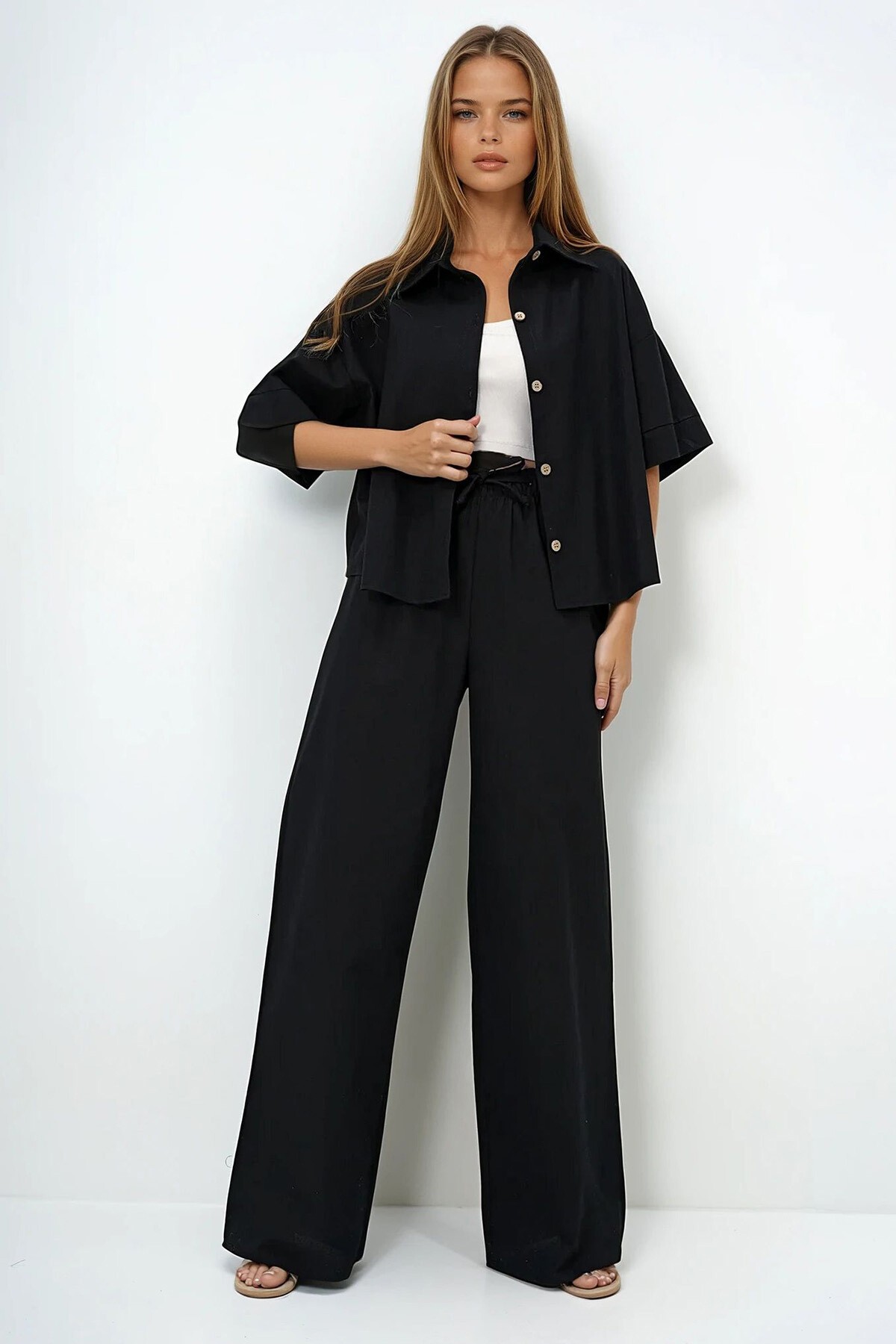 Siyah Keten Gömlek Ve Palazzo Pantolon Takım