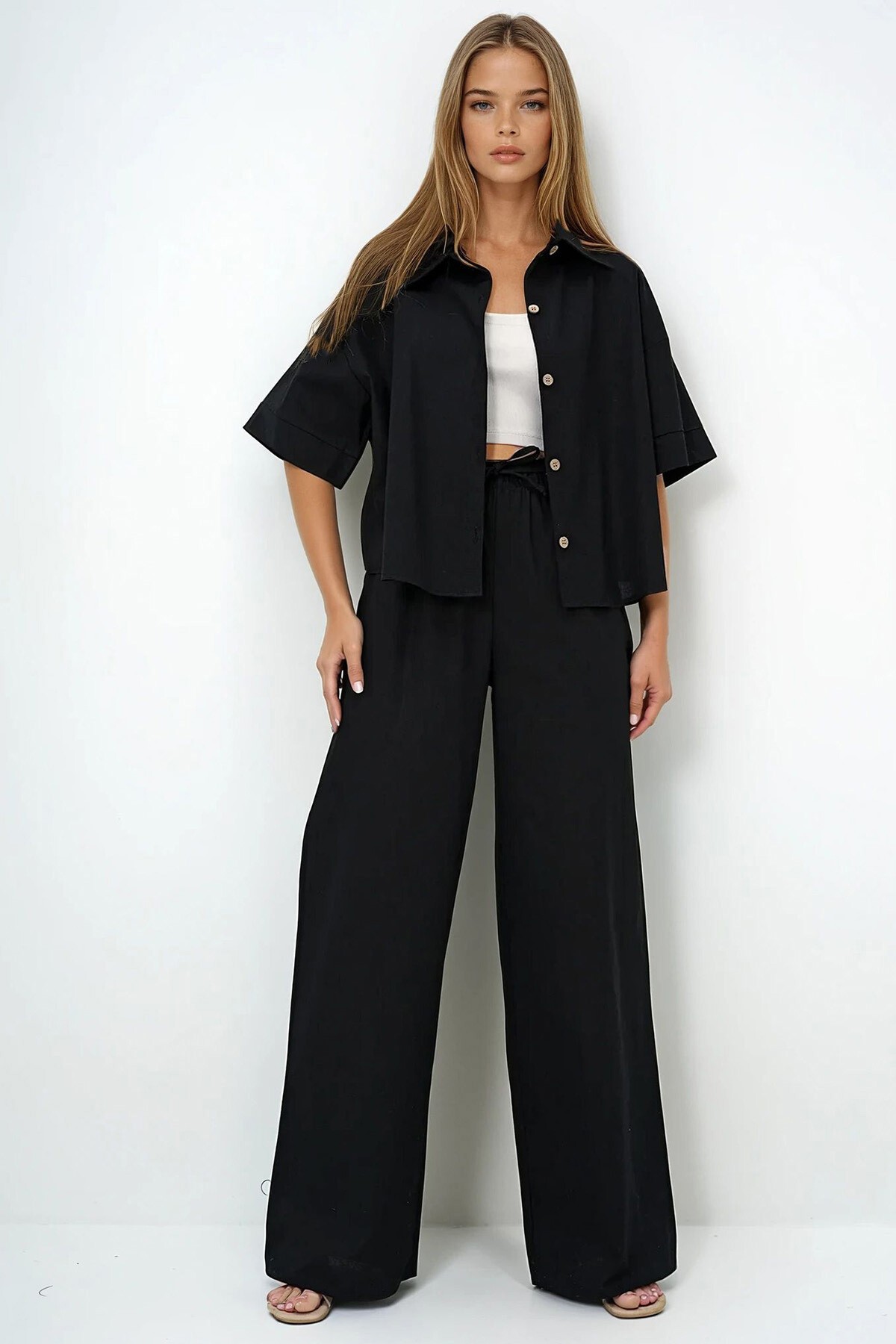 Siyah Keten Gömlek Ve Palazzo Pantolon Takım