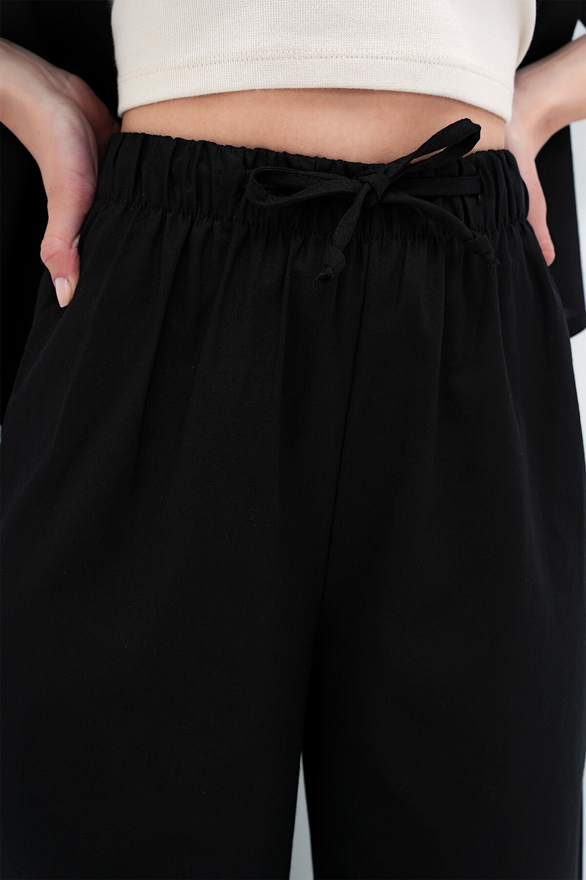 Siyah Keten Gömlek Ve Palazzo Pantolon Takım