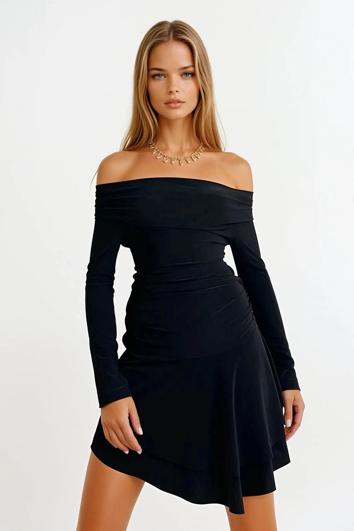 Siyah Madonna Yaka Eteği Volanlı Sandy Elbise