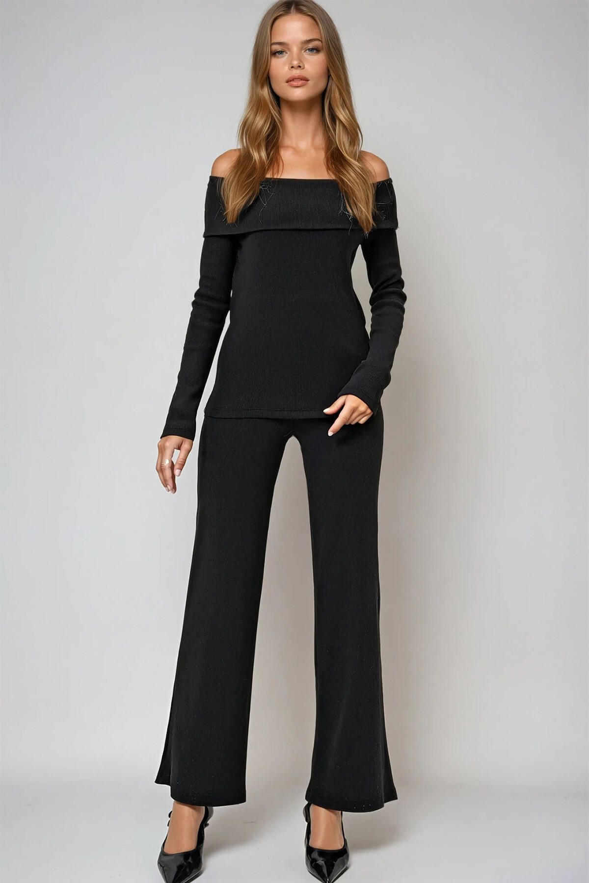 Siyah Madonna Yaka Kaşkorse Bluz Ve Pantolon Takım