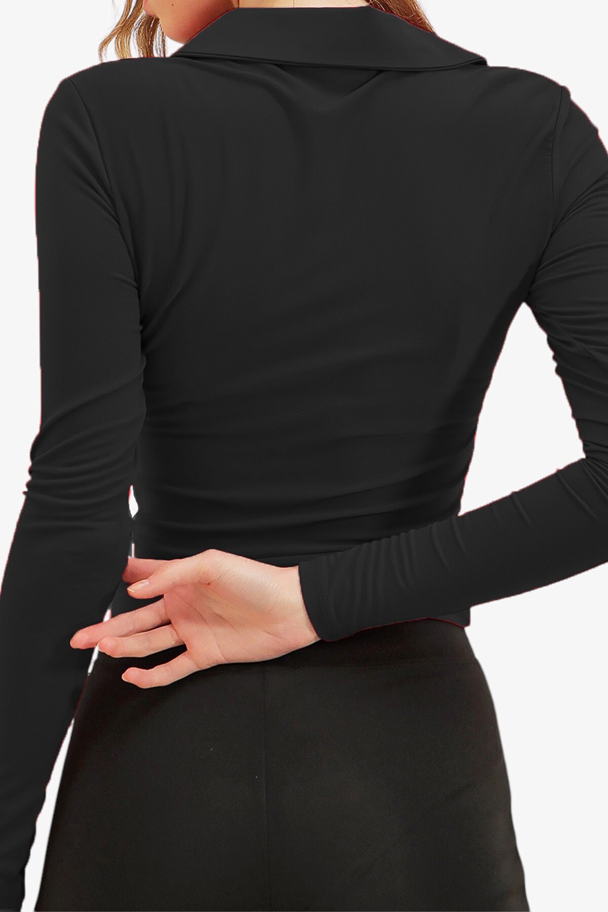 Siyah Önü Büzgülü Sandy Kumaş Gömlek