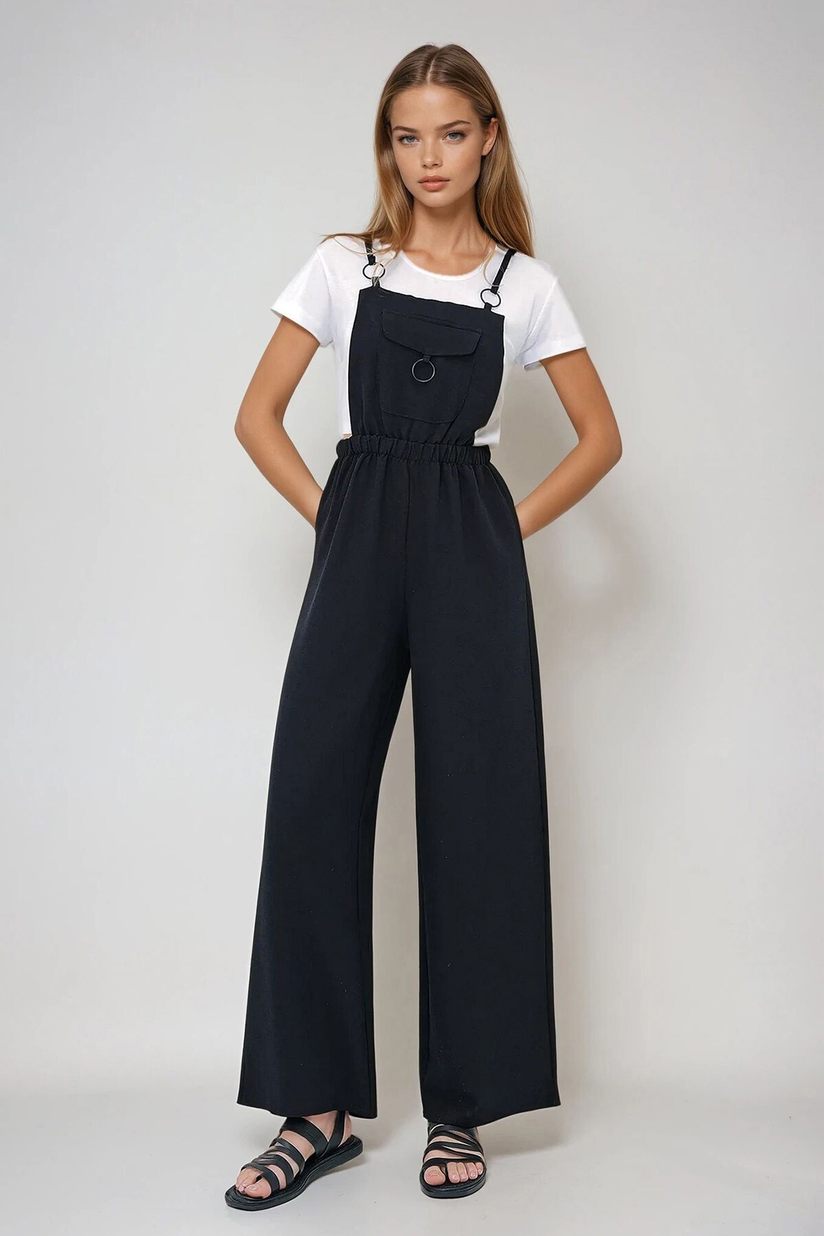 Siyah Önü Cepli Askılı Halka Detaylı Aerobin Salopet Pantolon