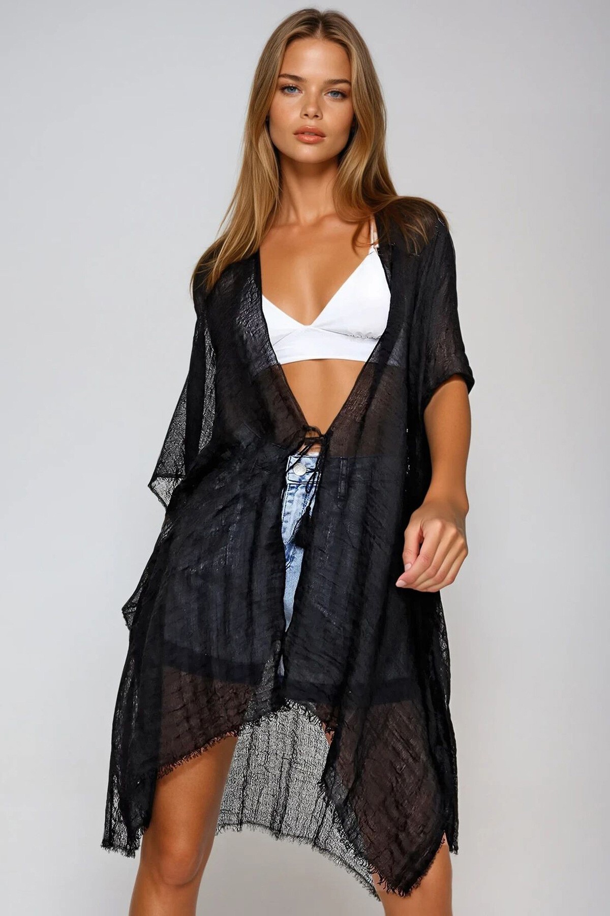 Siyah Oversize Pamuklu Kimono
