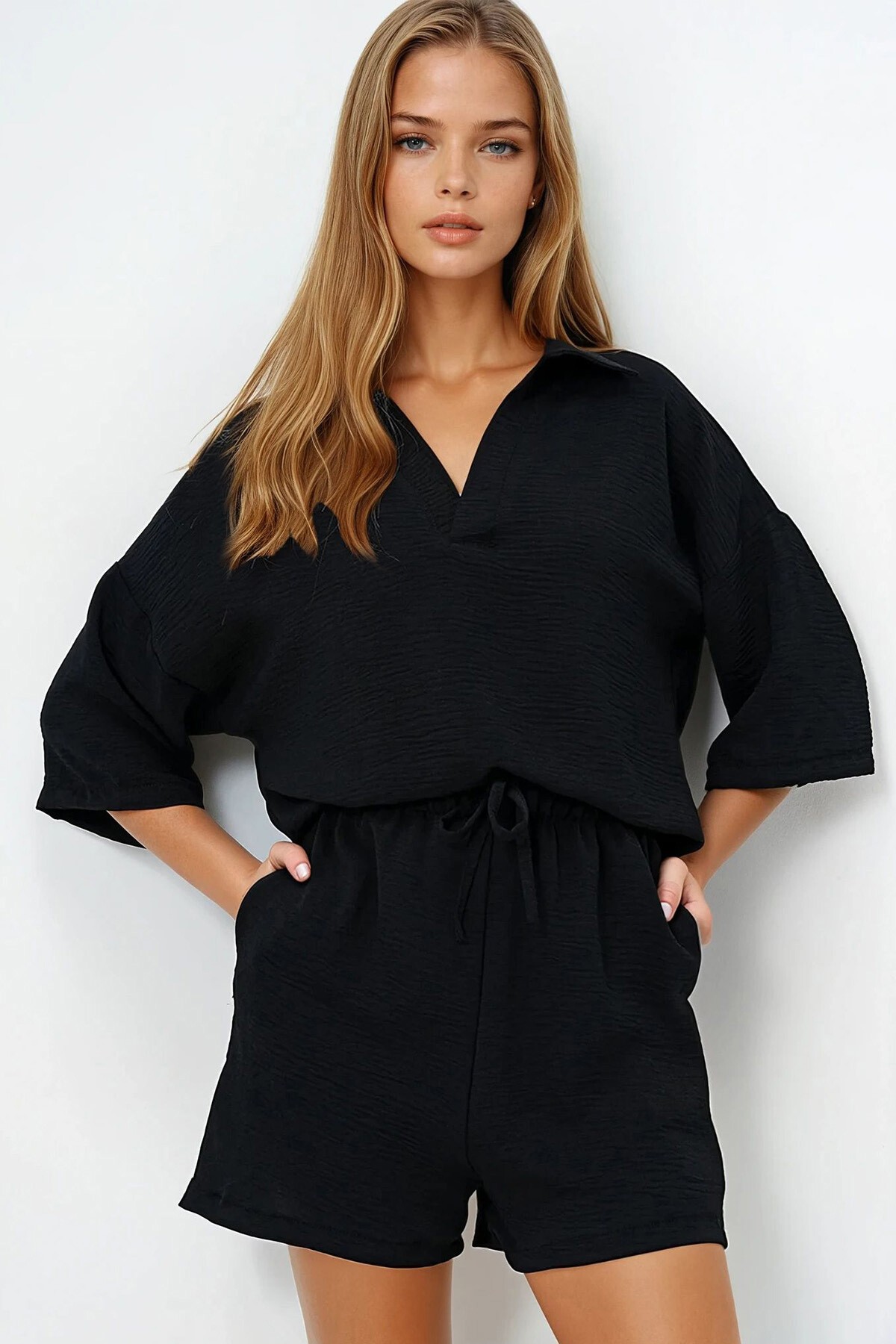 Siyah Polo Yaka Aerobin Bluz Ve Şort Takım