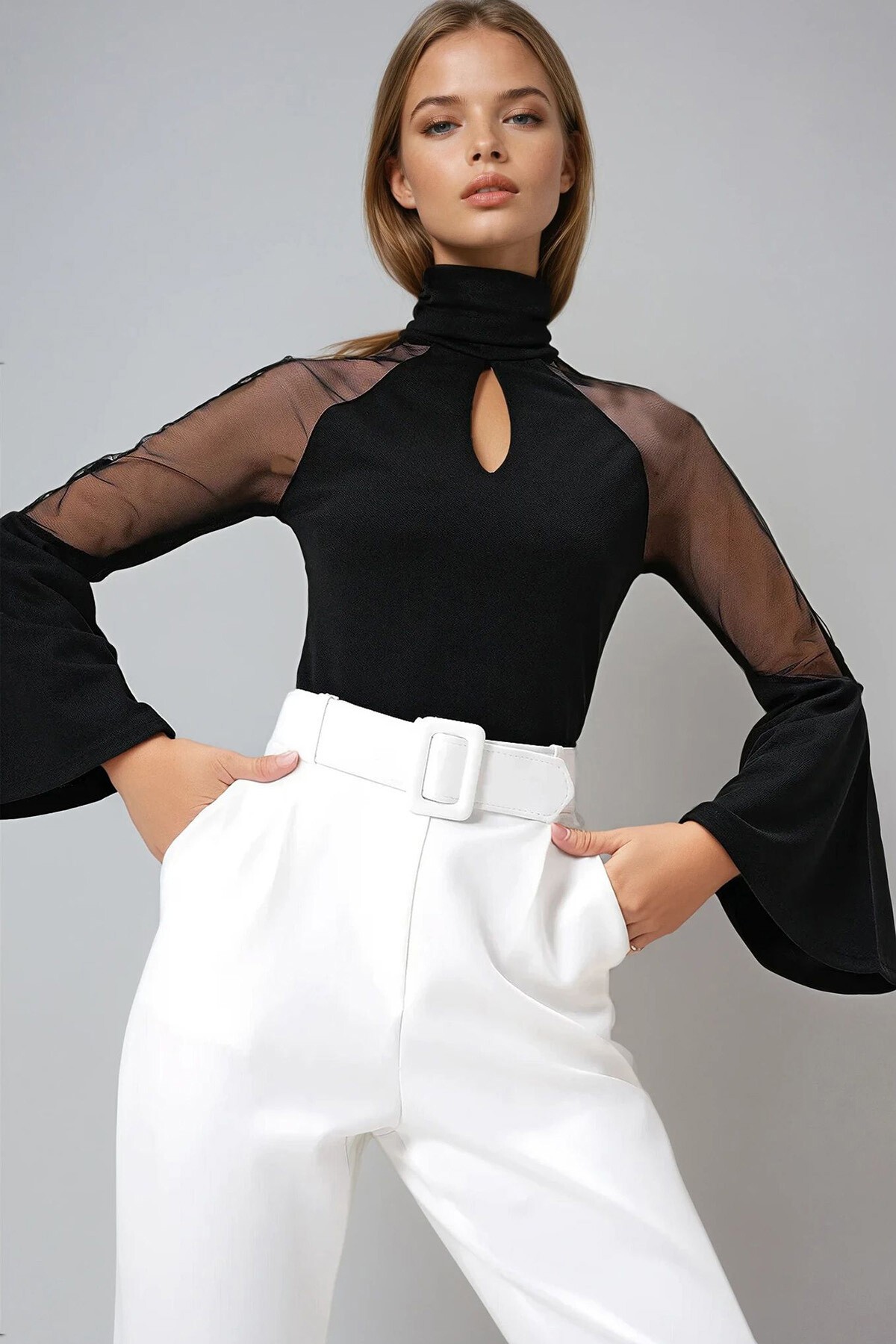 Siyah Şal Yaka Damla Dekolteli Tül Detaylı İspanyol Kol Örme Krep Bluz