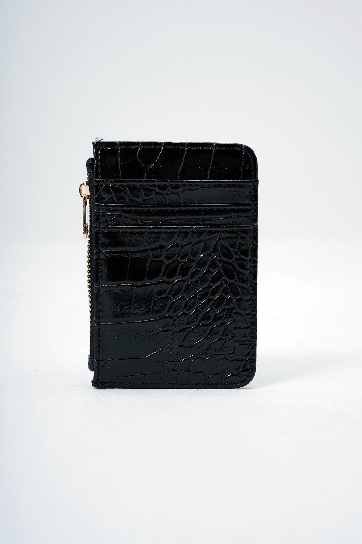 Siyah Suni Deri Bozuk Para Bölmeli Croco Desen Orta Boy Kartlık