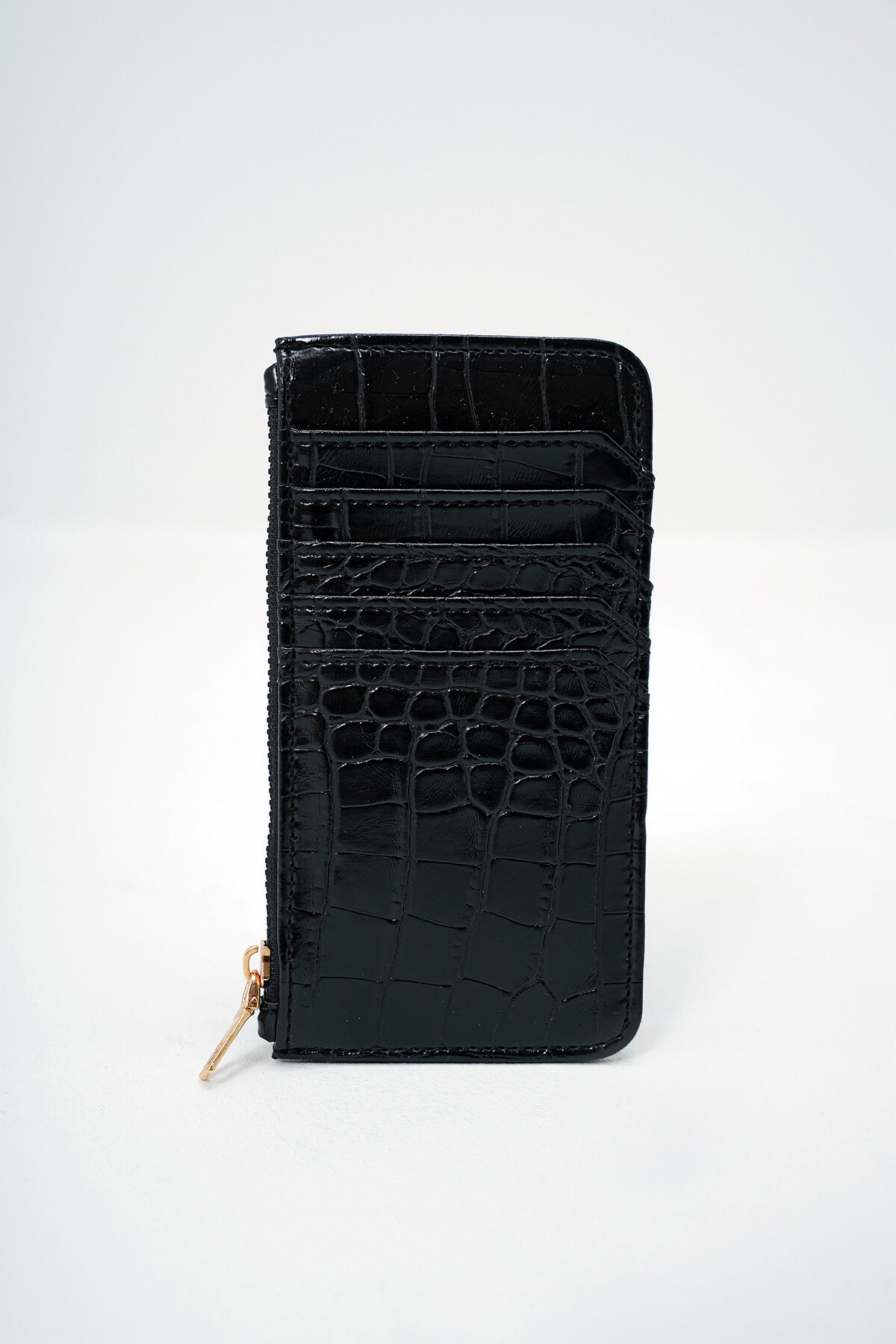 Siyah Suni Deri Fermuarlı Para Bölmeli Croco Desen İnce Kartlık