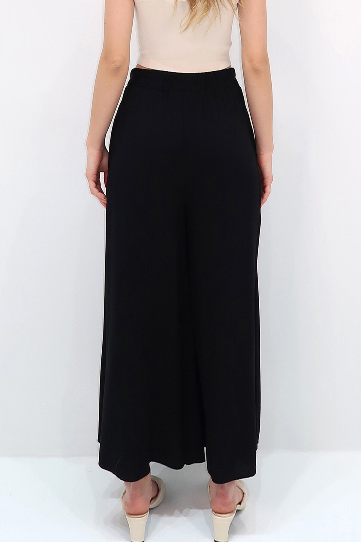 Siyah Taş Etnik Nakışlı Bağlama Detaylı Dokuma Viskon Palazzo Pantolon