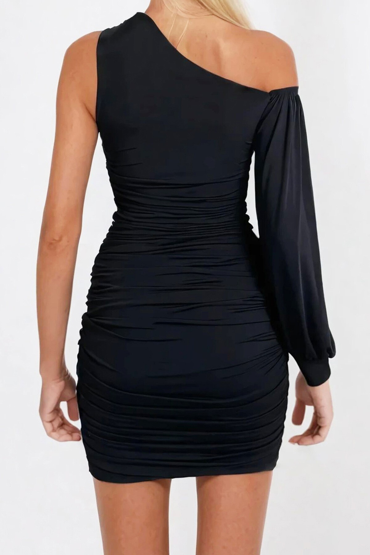 Siyah Tek Omuz Yanları Drapeli Midi Boy Sandy Elbise