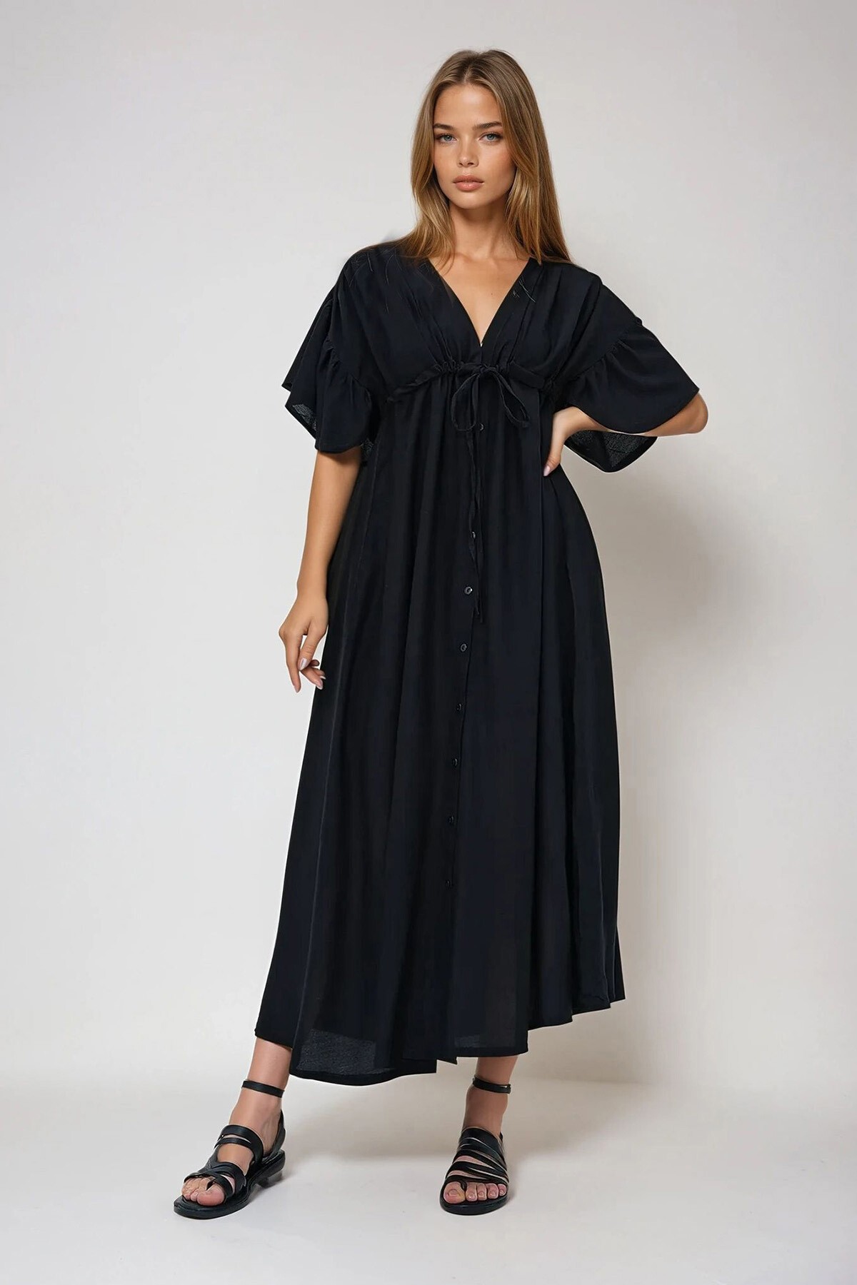Siyah V Yaka Sırt Dekolteli Bağlama Detaylı Önü Düğmeli Yazlık Poplin Elbise