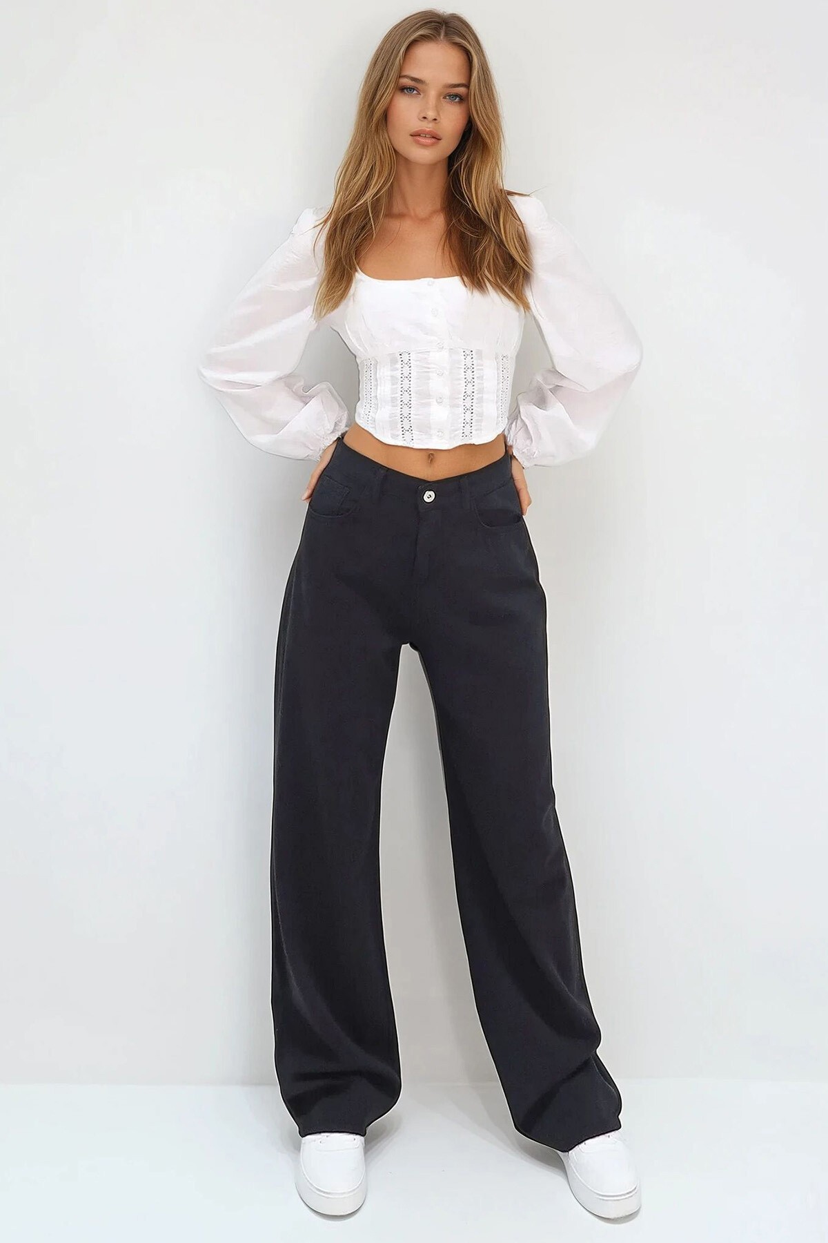 Siyah Yüksek Bel Beş Cepli Wide Leg Yazlık Gabardin Pantolon