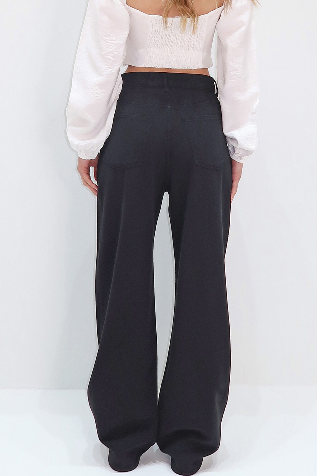 Siyah Yüksek Bel Beş Cepli Wide Leg Yazlık Gabardin Pantolon