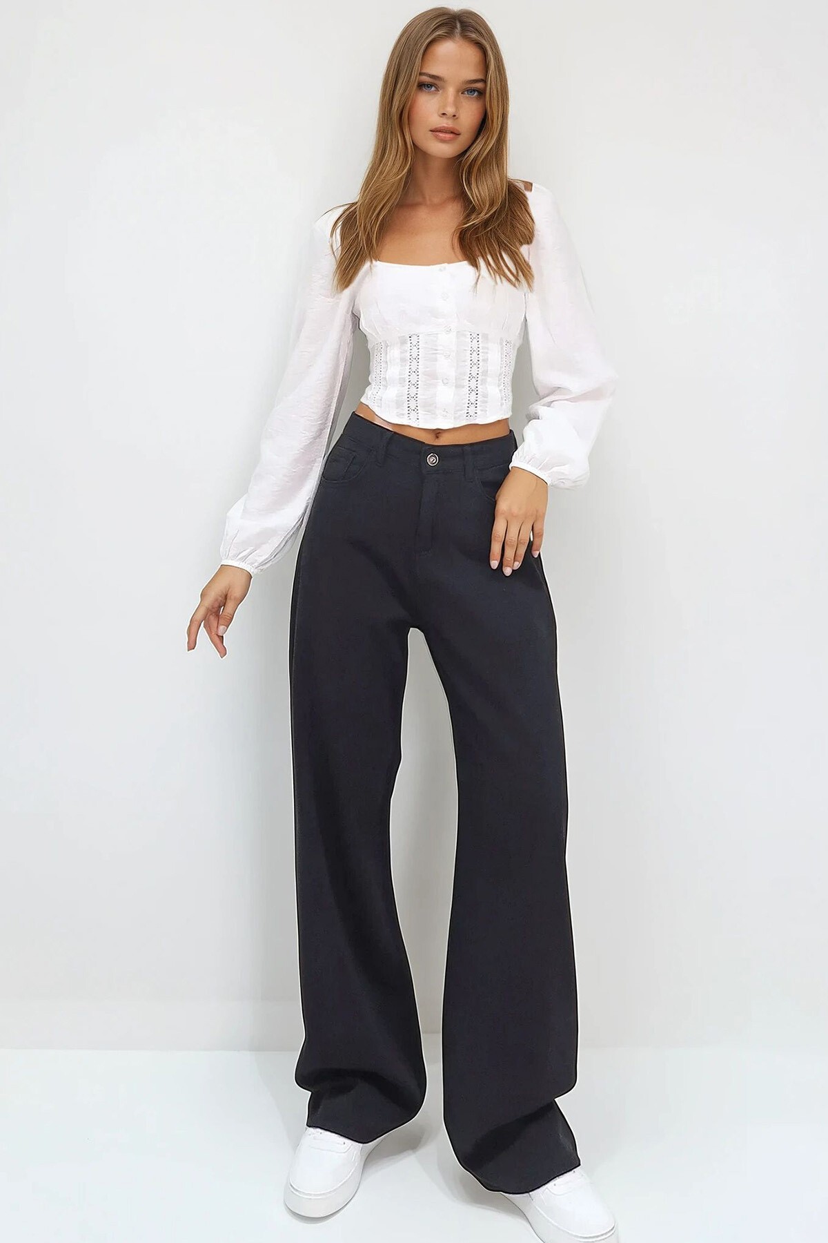 Siyah Yüksek Bel Beş Cepli Wide Leg Yazlık Gabardin Pantolon