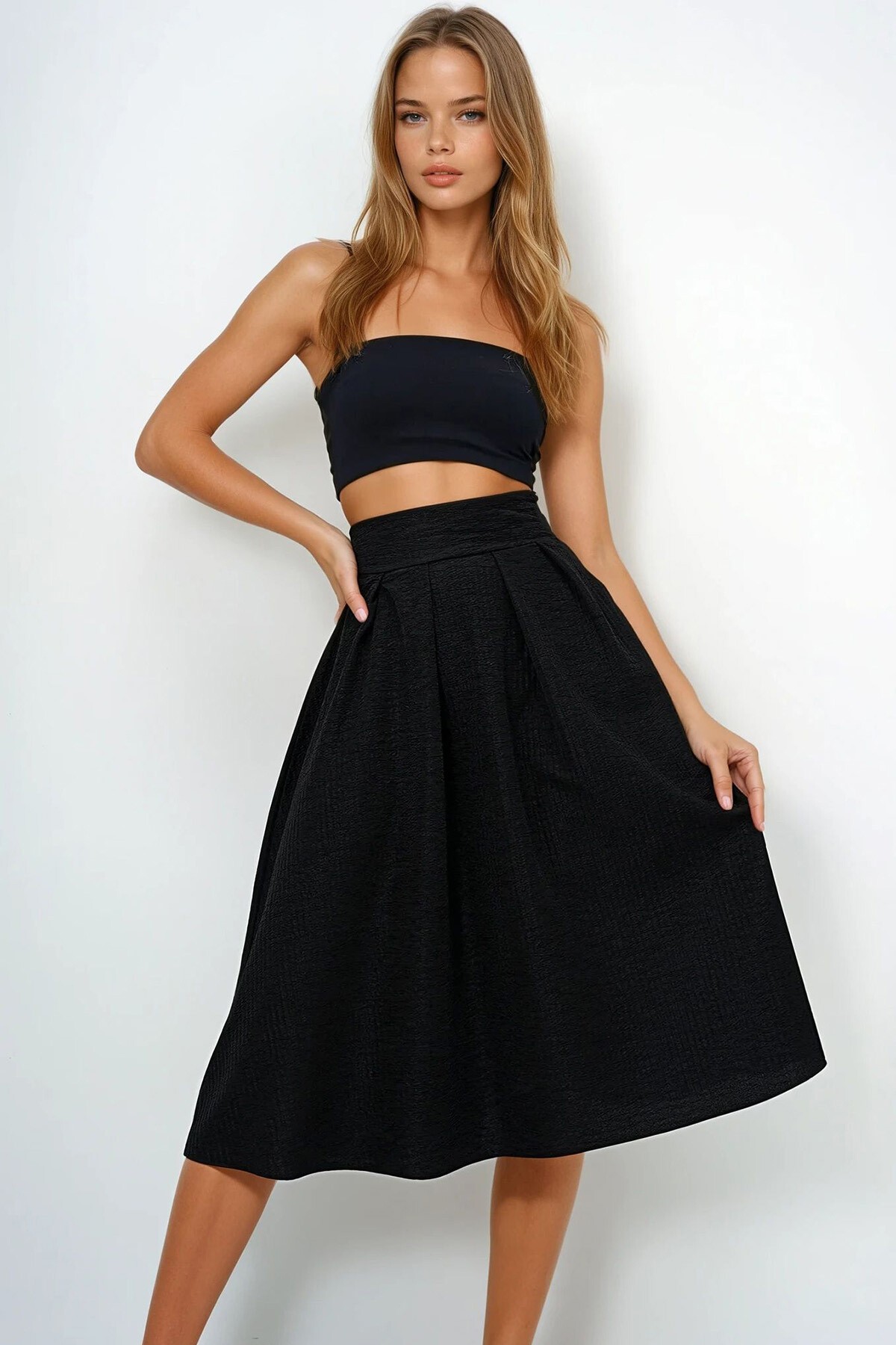 Siyah Yüksek Bel Geniş Kemerli Gizli Fermuarlı Midi Boy Dokulu Etek