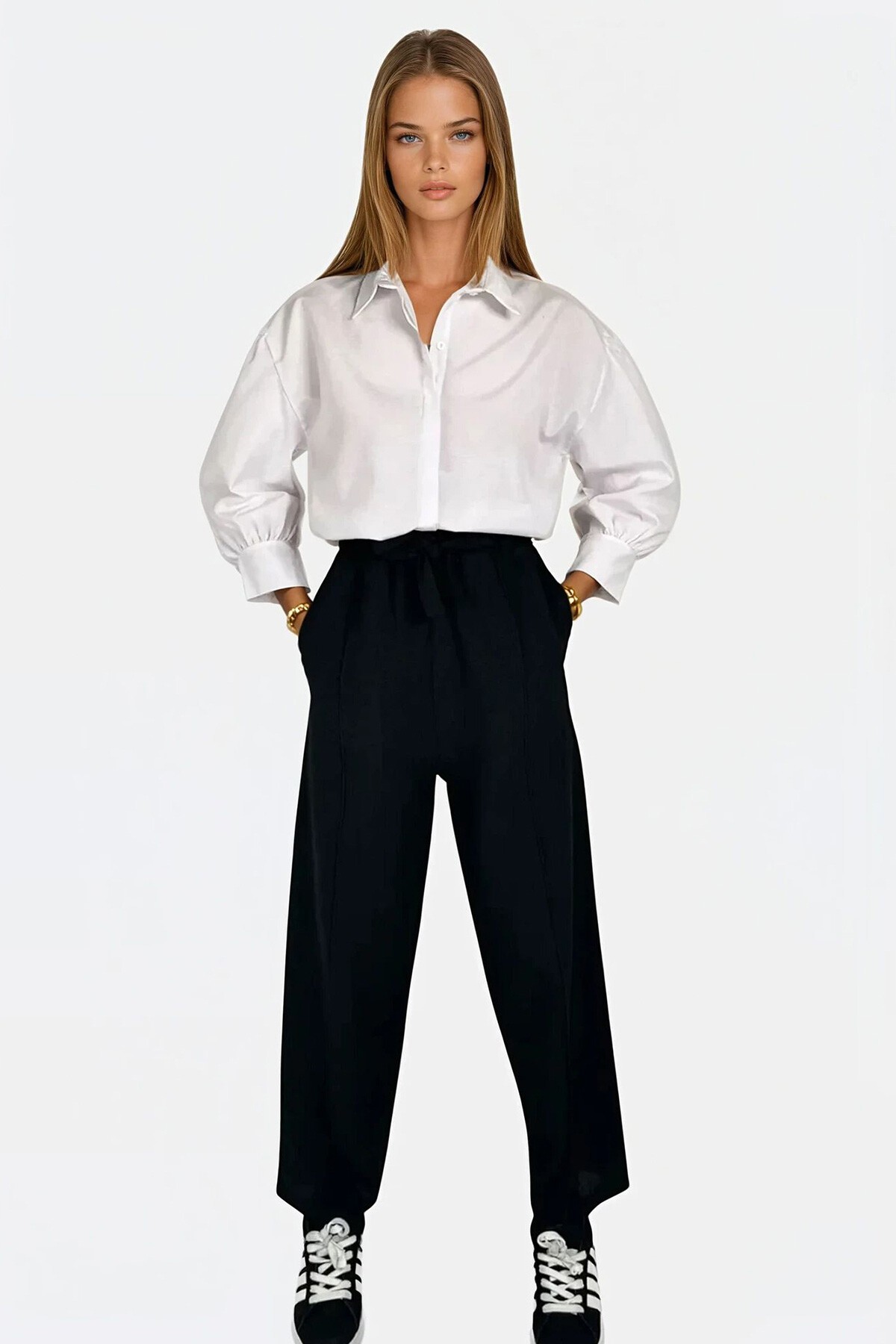 Siyah Yüksek Bel Önü Çimalı Çift Cepli Keten Palazzo Pantolon