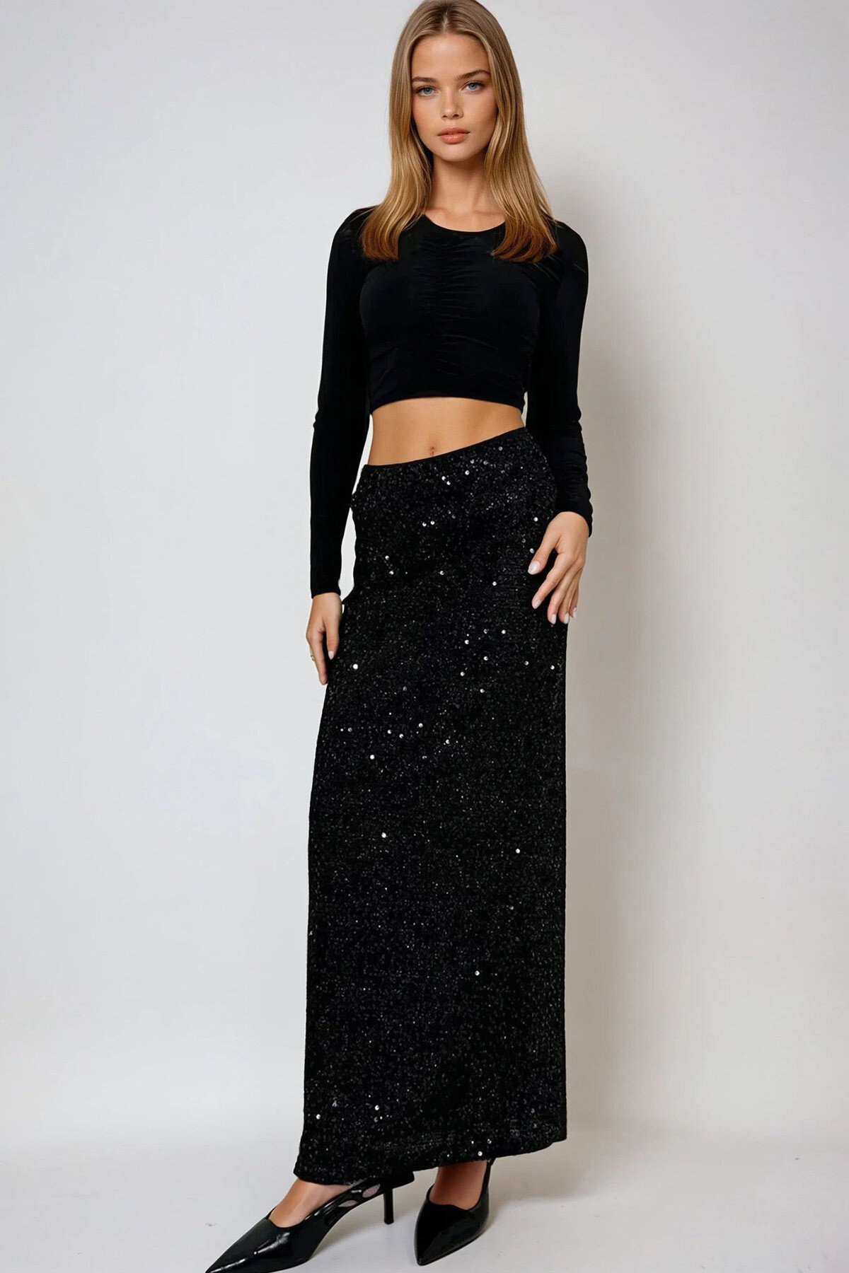 Siyah Yüksek Bel Pul Payet Maxi Boy Etek