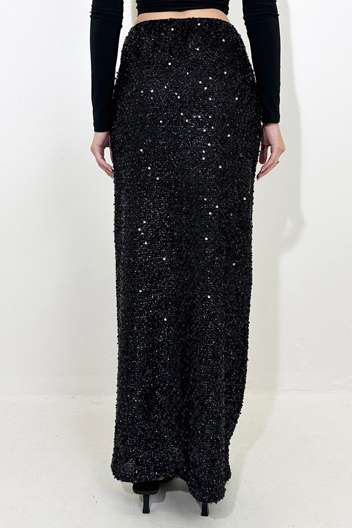 Siyah Yüksek Bel Pul Payet Maxi Boy Etek