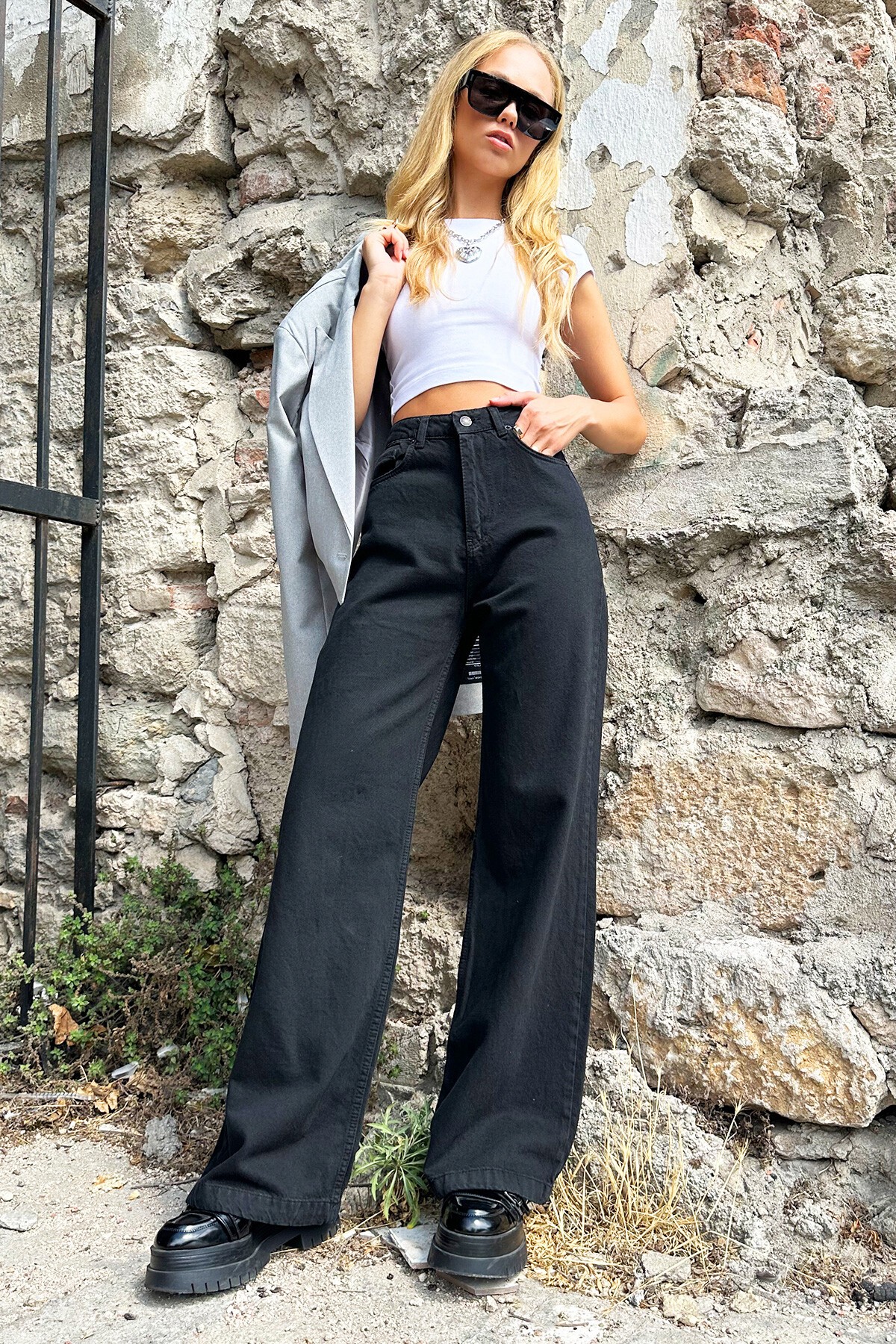 Siyah Yüksek Bel Wide Leg Jean