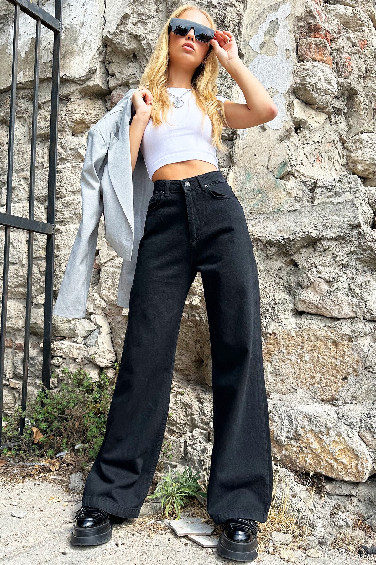 Siyah Yüksek Bel Wide Leg Jean