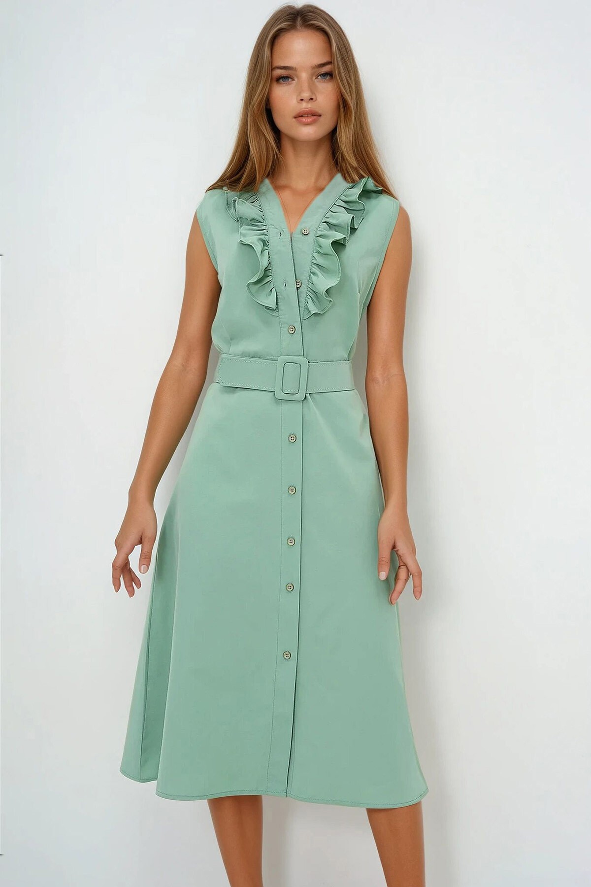 Su Yeşili Önü Fırfırlı Kemerli Poplin Dokuma Elbise