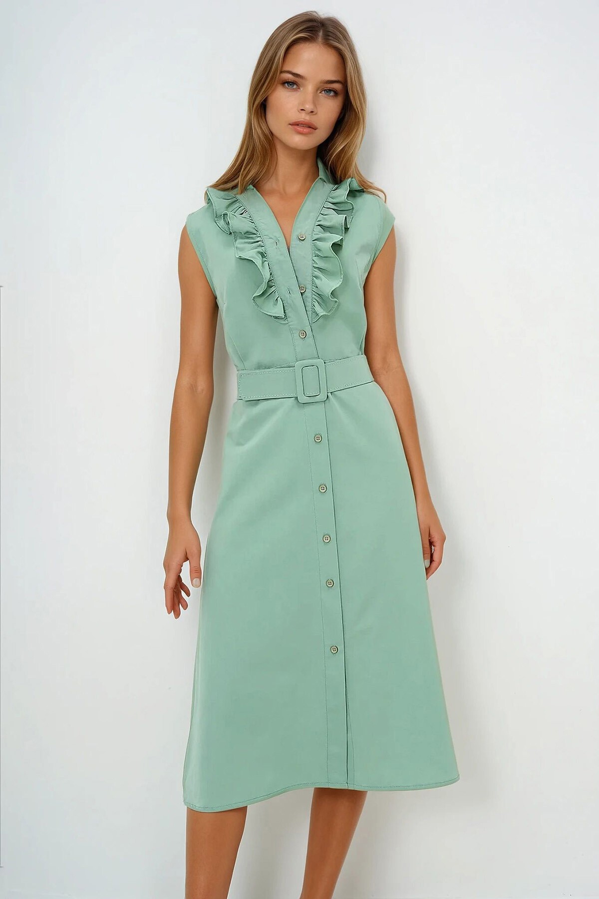 Su Yeşili Önü Fırfırlı Kemerli Poplin Dokuma Elbise