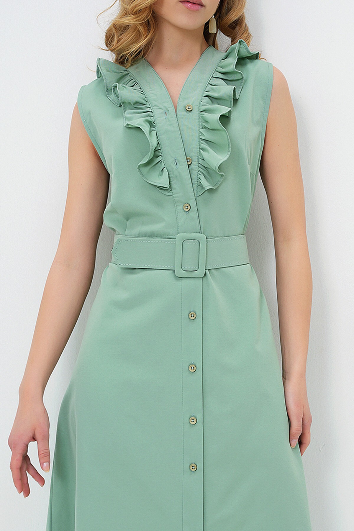 Su Yeşili Önü Fırfırlı Kemerli Poplin Dokuma Elbise