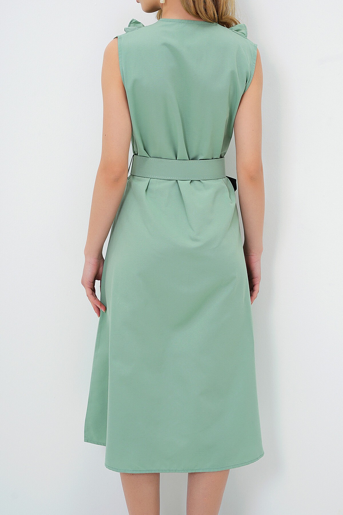 Su Yeşili Önü Fırfırlı Kemerli Poplin Dokuma Elbise