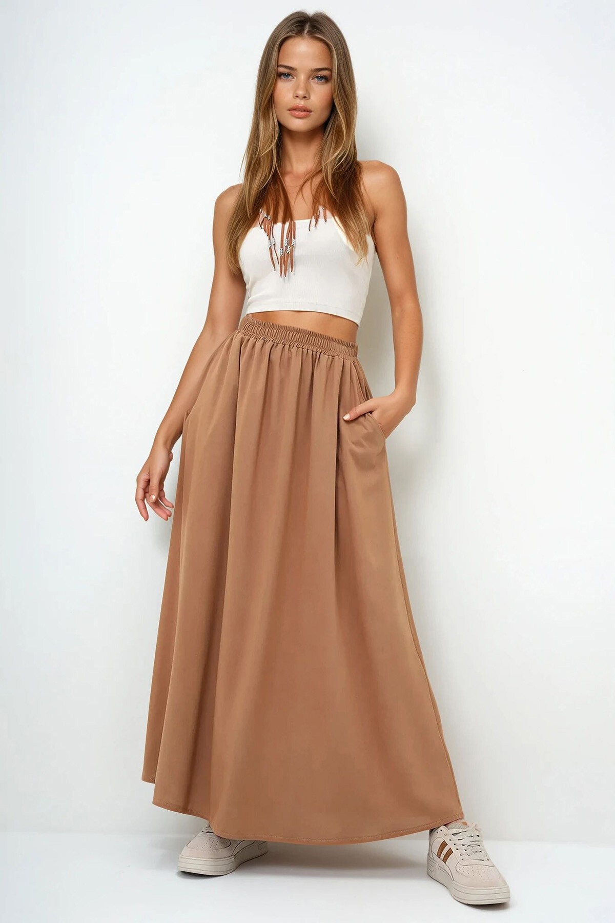 Sütlü Kahve Çift Cepli Kloş Dokuma Etek