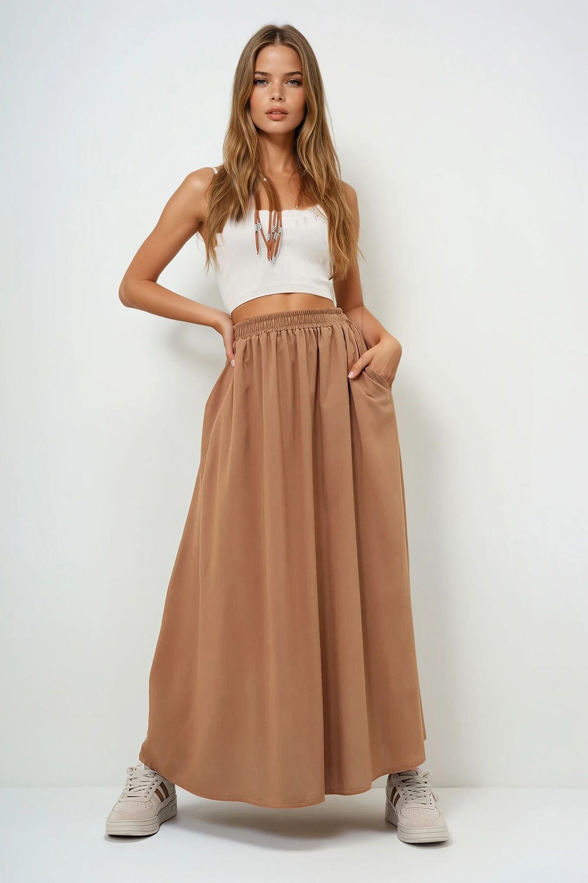 Sütlü Kahve Çift Cepli Kloş Dokuma Etek